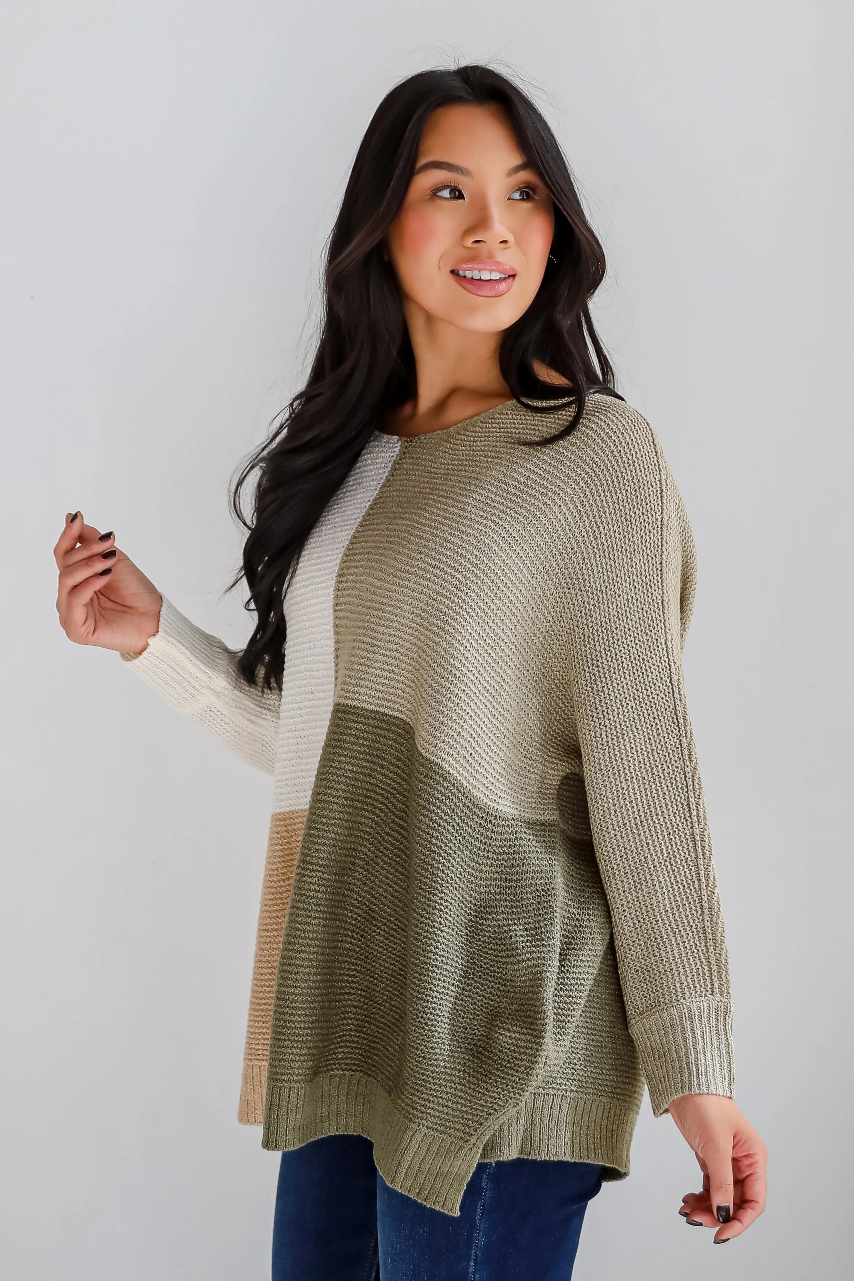 Confident Trend Light Olive Color Block Lightweight Knit Sweater