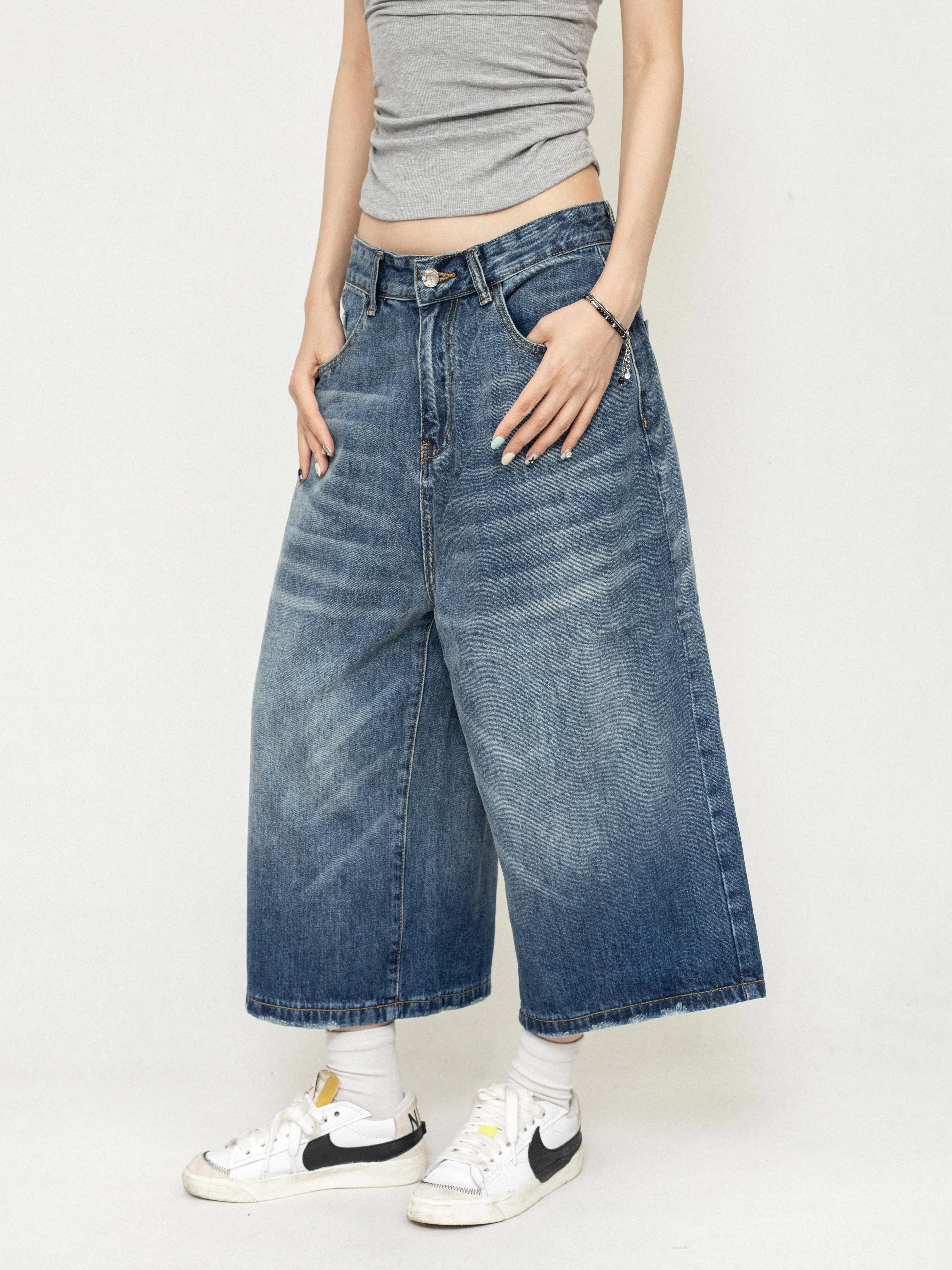 Cropped Loose Versatile Wide-leg Denim Pants ZER0219