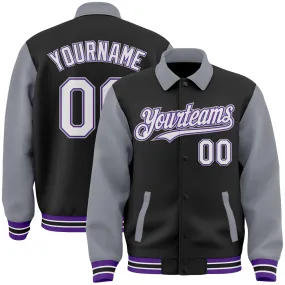 Custom Black Gray-Purple Bomber Full-Snap Varsity Letterman Two Tone Lapel Collar Byron Jacket