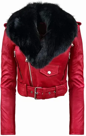 Detachable Faux Fur Collar Moto Leather Jacket in red |  Women Leather Jacket