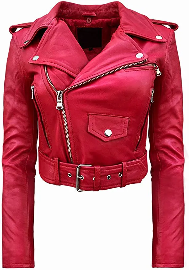 Detachable Faux Fur Collar Moto Leather Jacket in red |  Women Leather Jacket