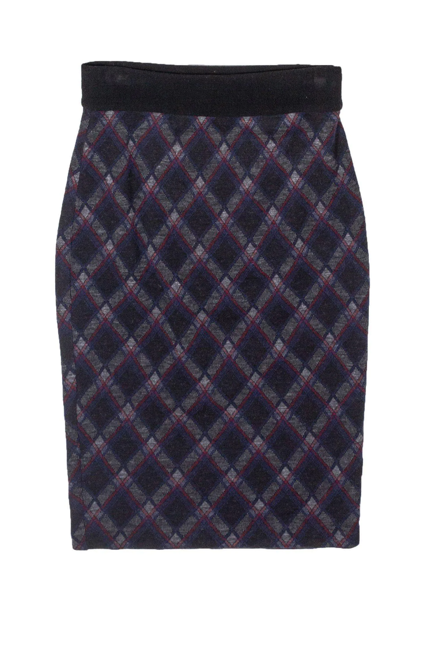 Diane von Furstenberg - Navy Plaid Wool Blend Pencil Skirt Sz 2