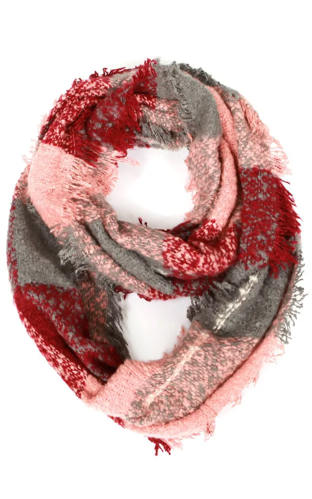 EAS8909 Pink Check Plaid Woven Infinity Scarf