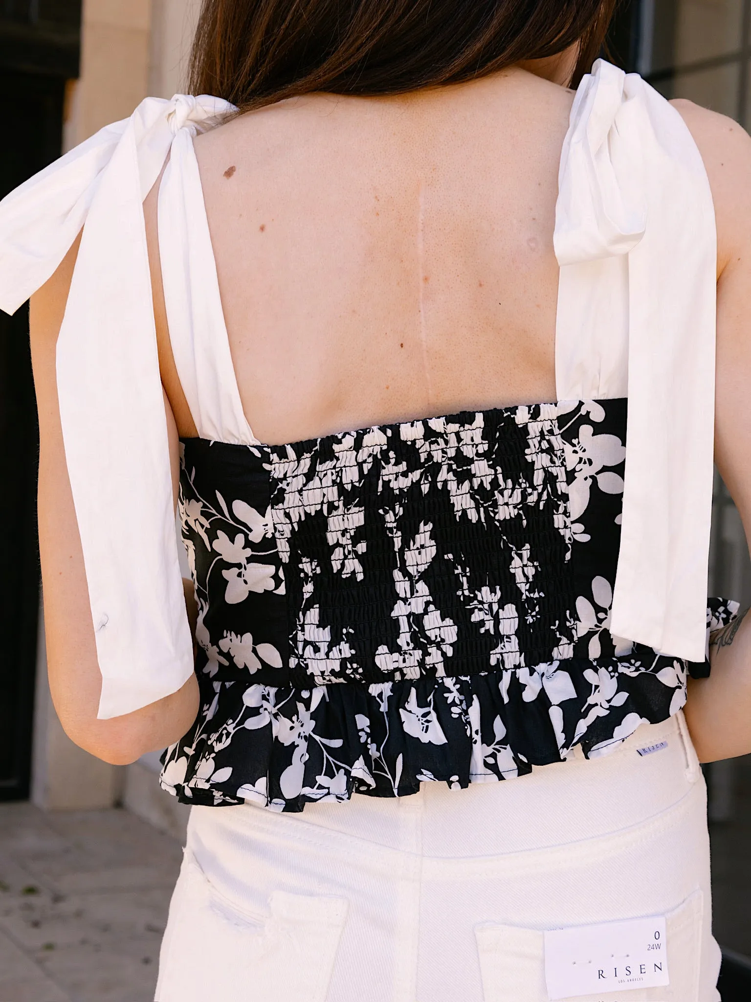 Endless Rose B&W Contrast Bow Strap Printed Top