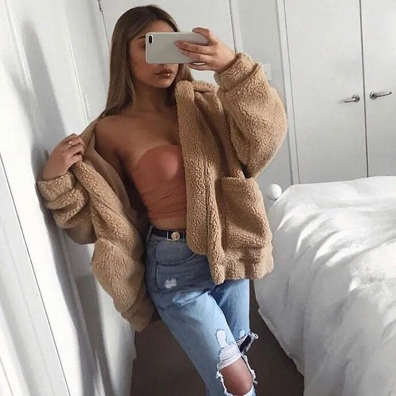 Faux Fur Cozy Cute Super Warm Soft Zipper Lined Casual Coat