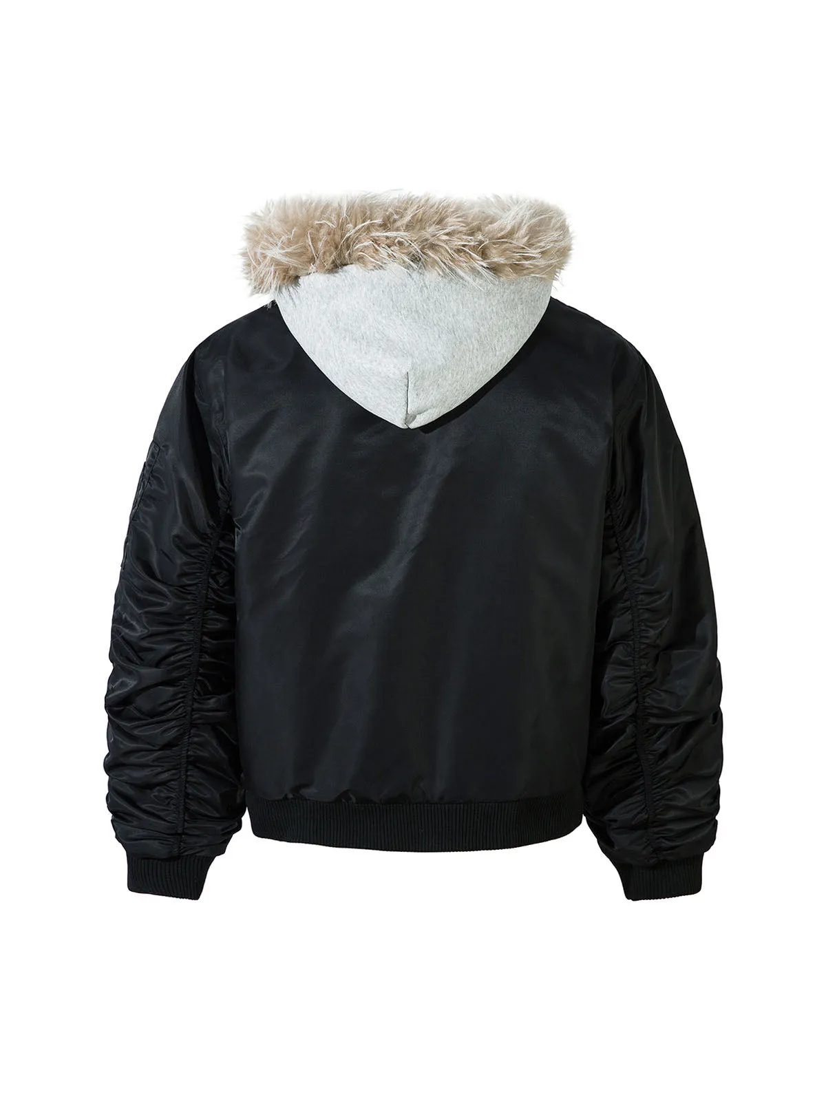 Faux Two-piece Fur Hooded Fleece Bomber Jacket