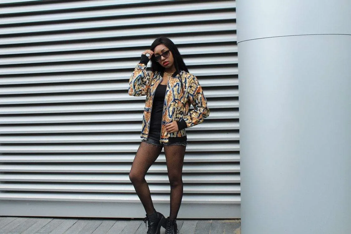 Festival Bomber Jacket in Gold Blue Ankara