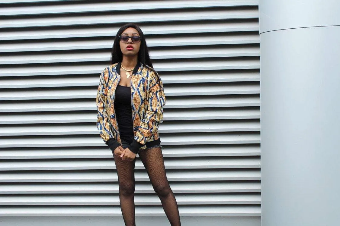 Festival Bomber Jacket in Gold Blue Ankara