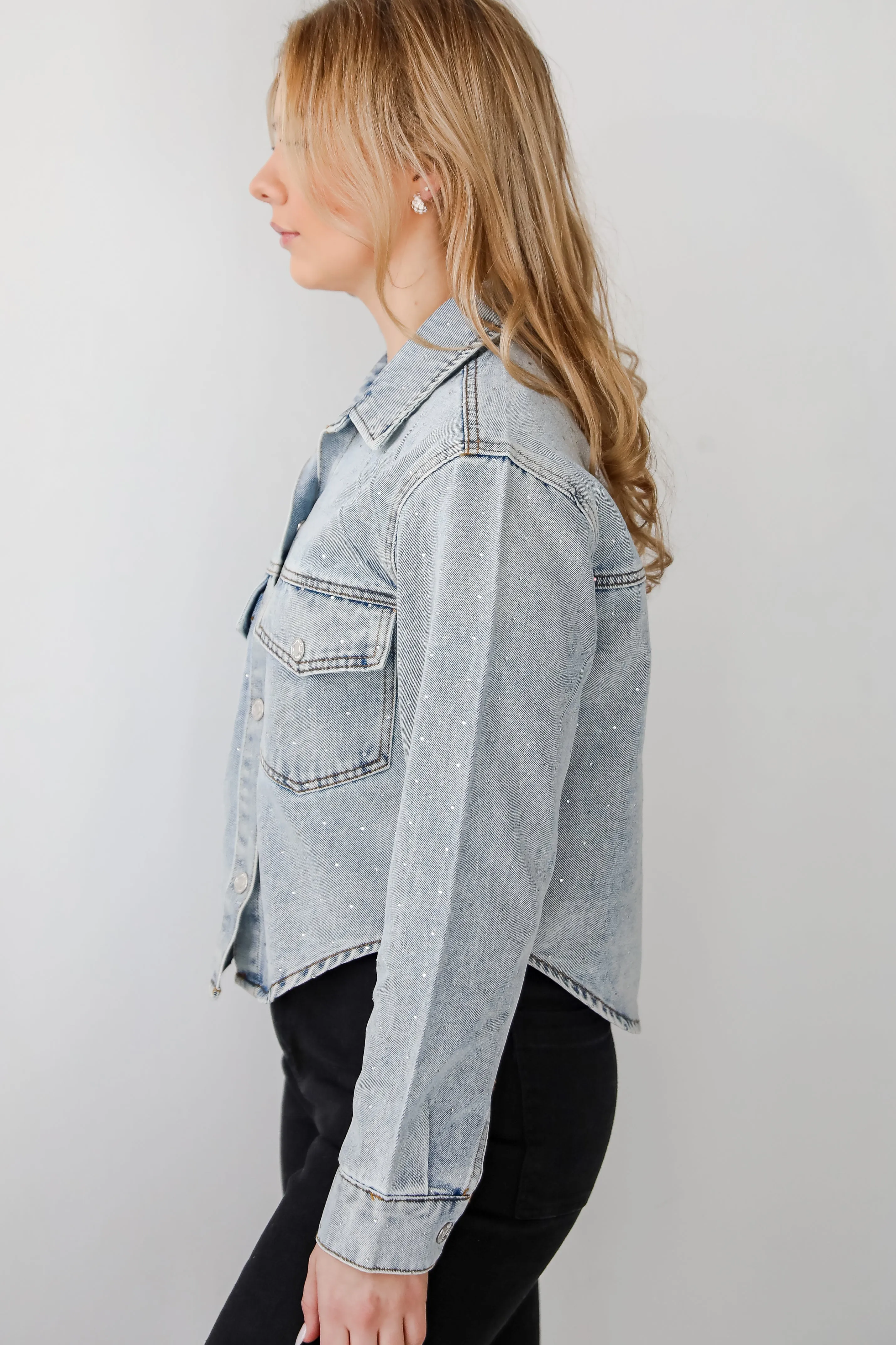 FINAL SALE - Beyond Glamorous Blue Rhinestone Cropped Denim Jacket