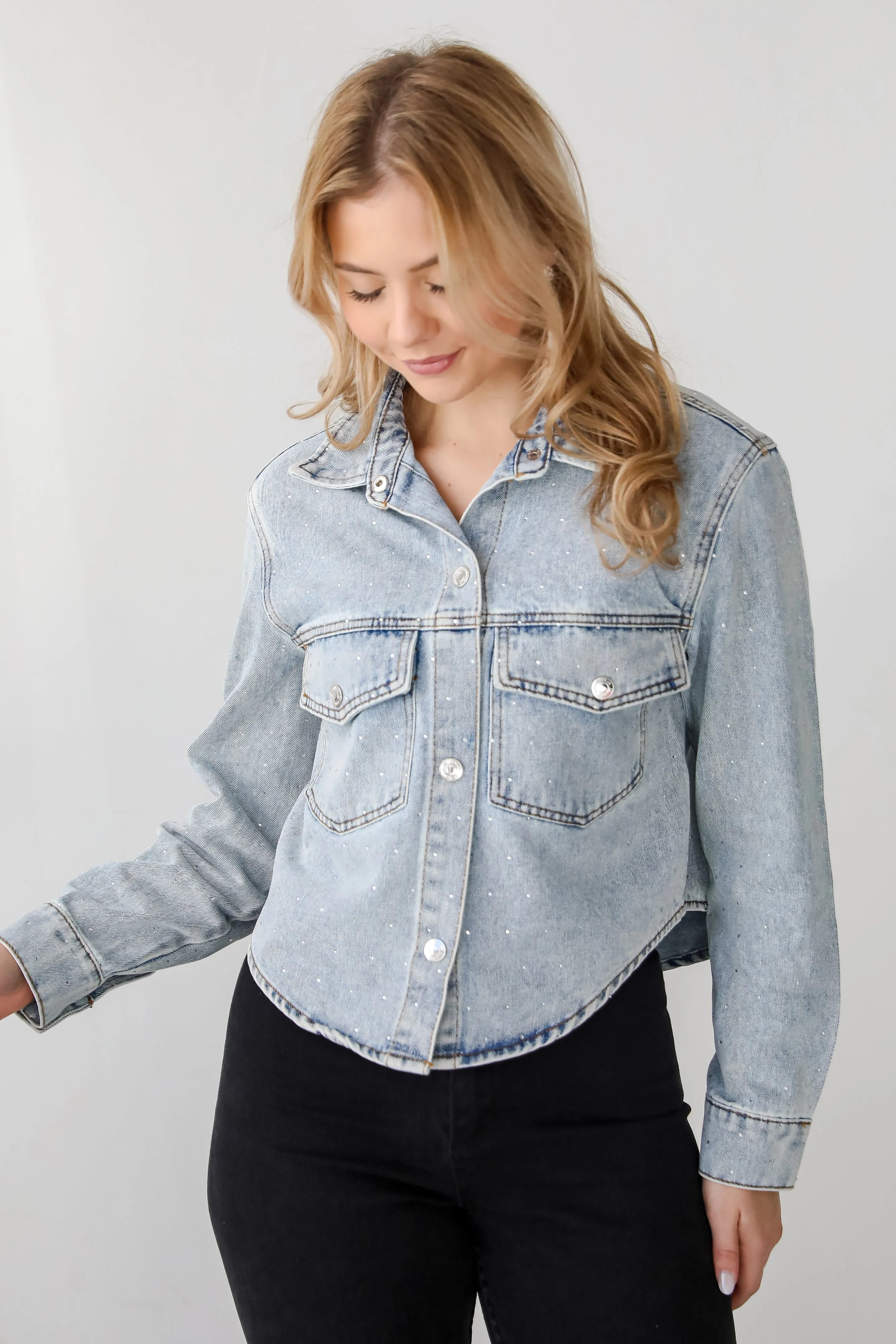 FINAL SALE - Beyond Glamorous Blue Rhinestone Cropped Denim Jacket