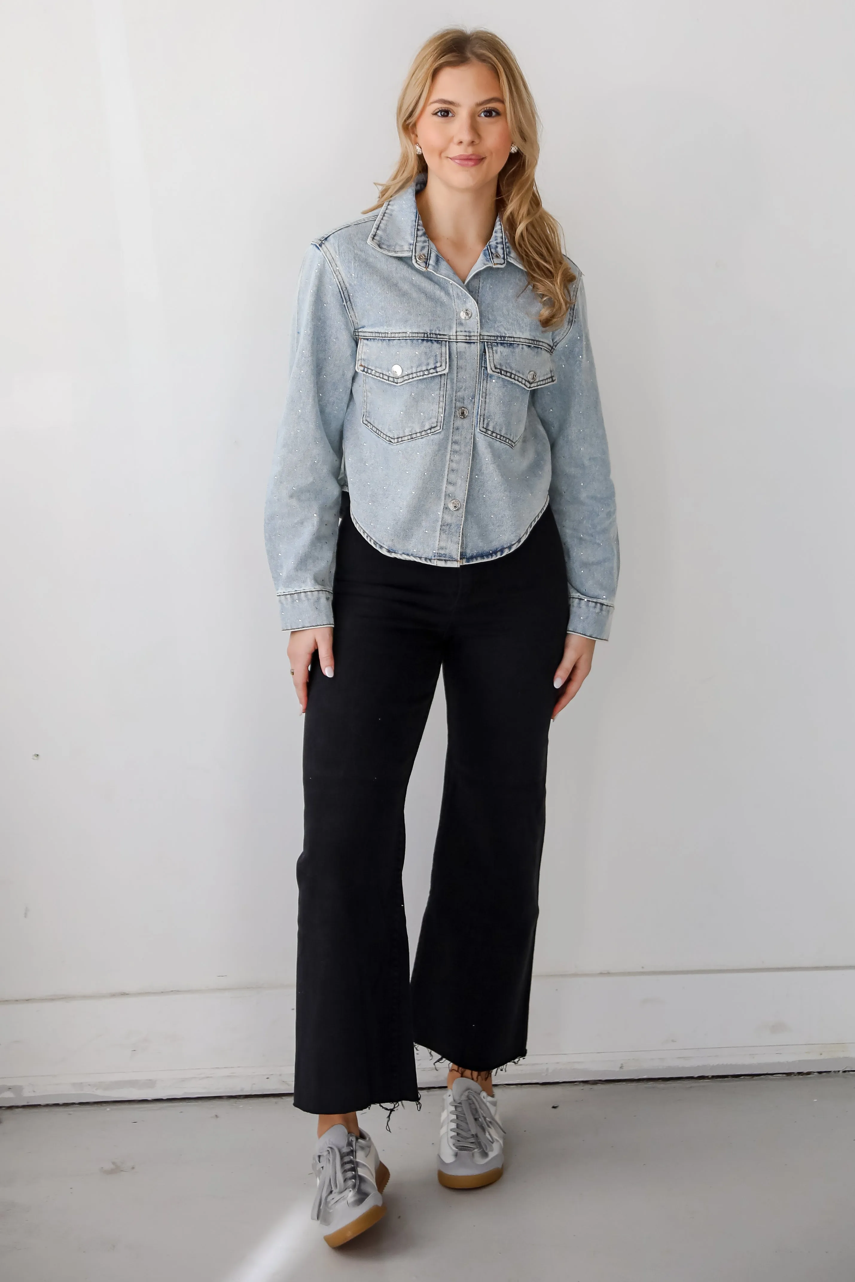 FINAL SALE - Beyond Glamorous Blue Rhinestone Cropped Denim Jacket