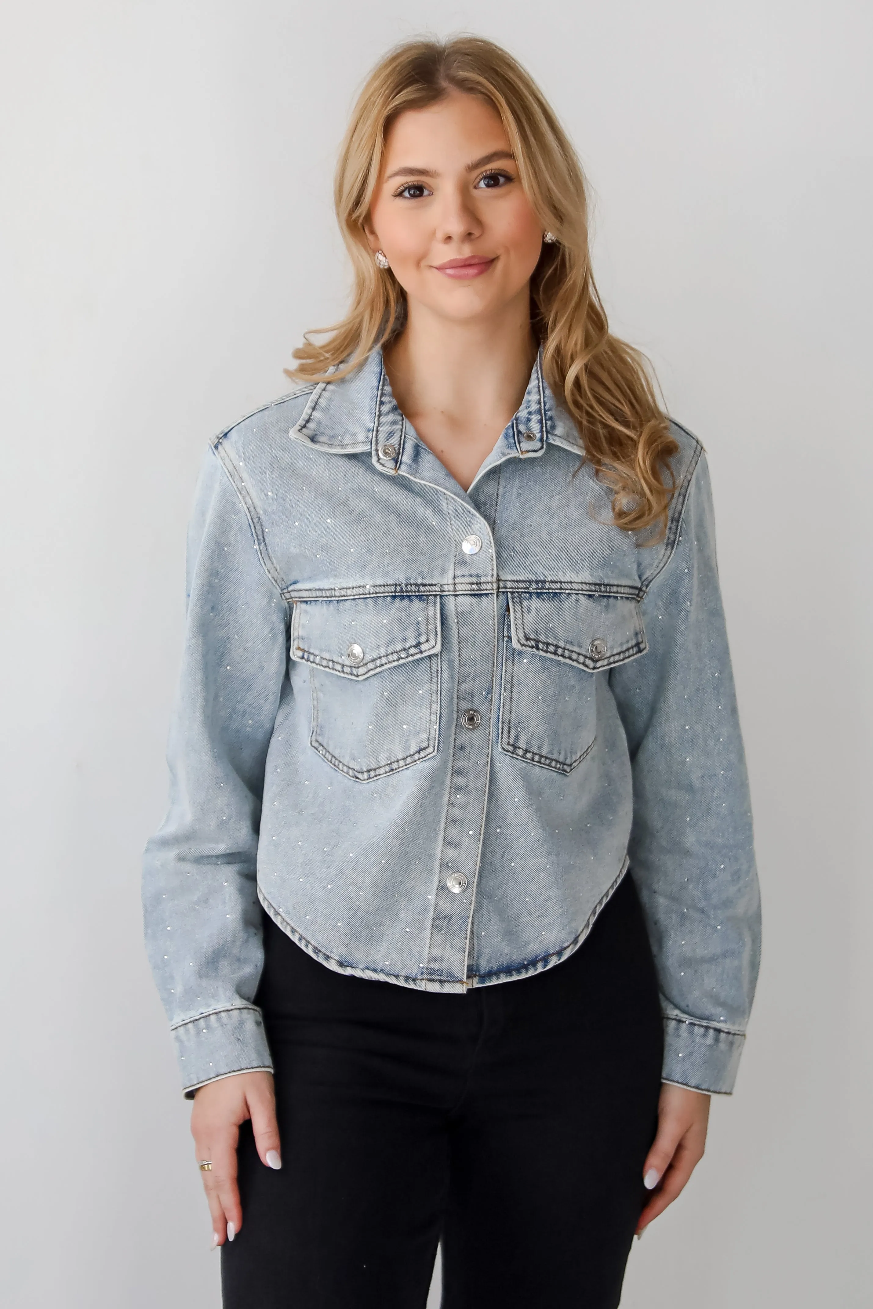 FINAL SALE - Beyond Glamorous Blue Rhinestone Cropped Denim Jacket