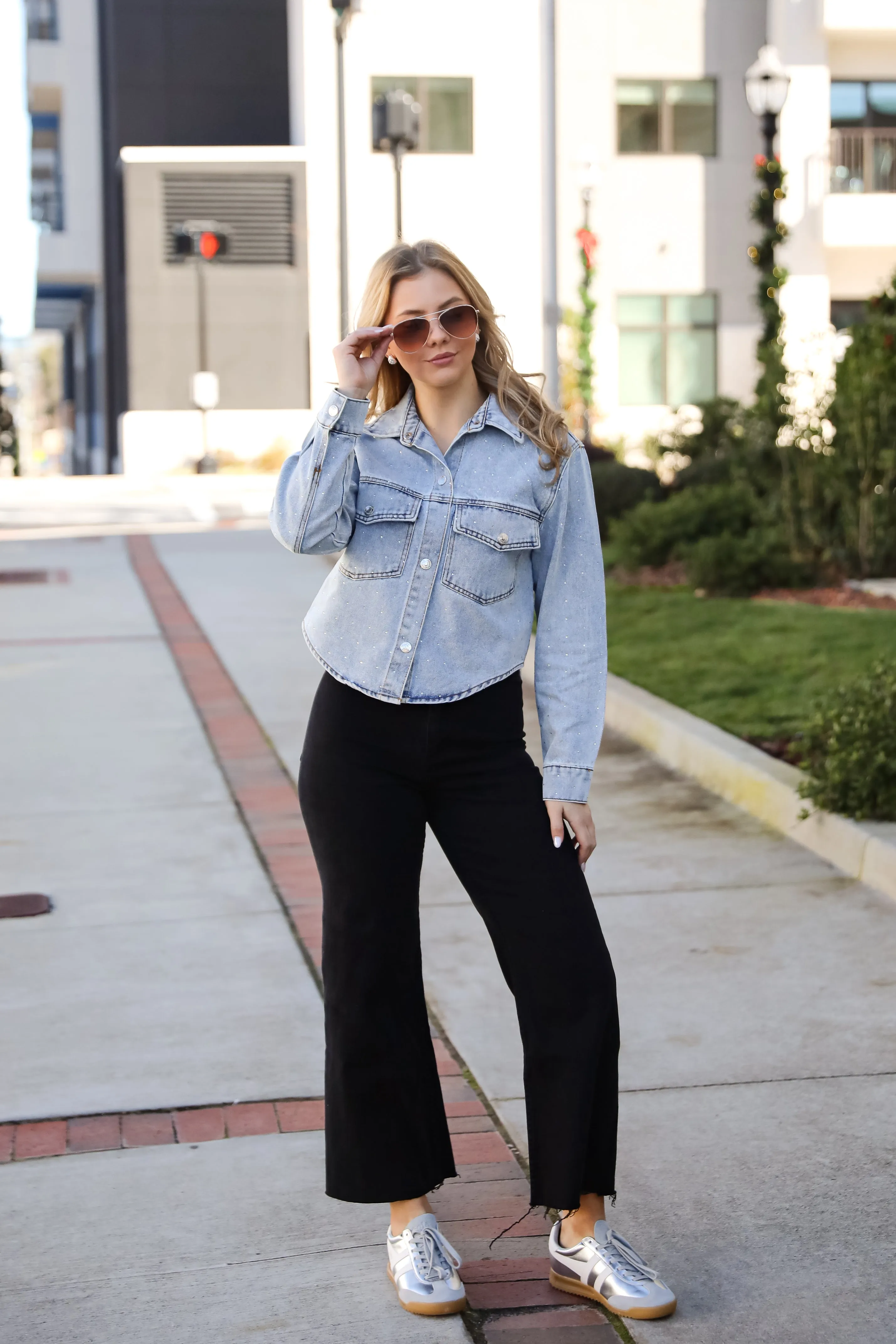 FINAL SALE - Beyond Glamorous Blue Rhinestone Cropped Denim Jacket