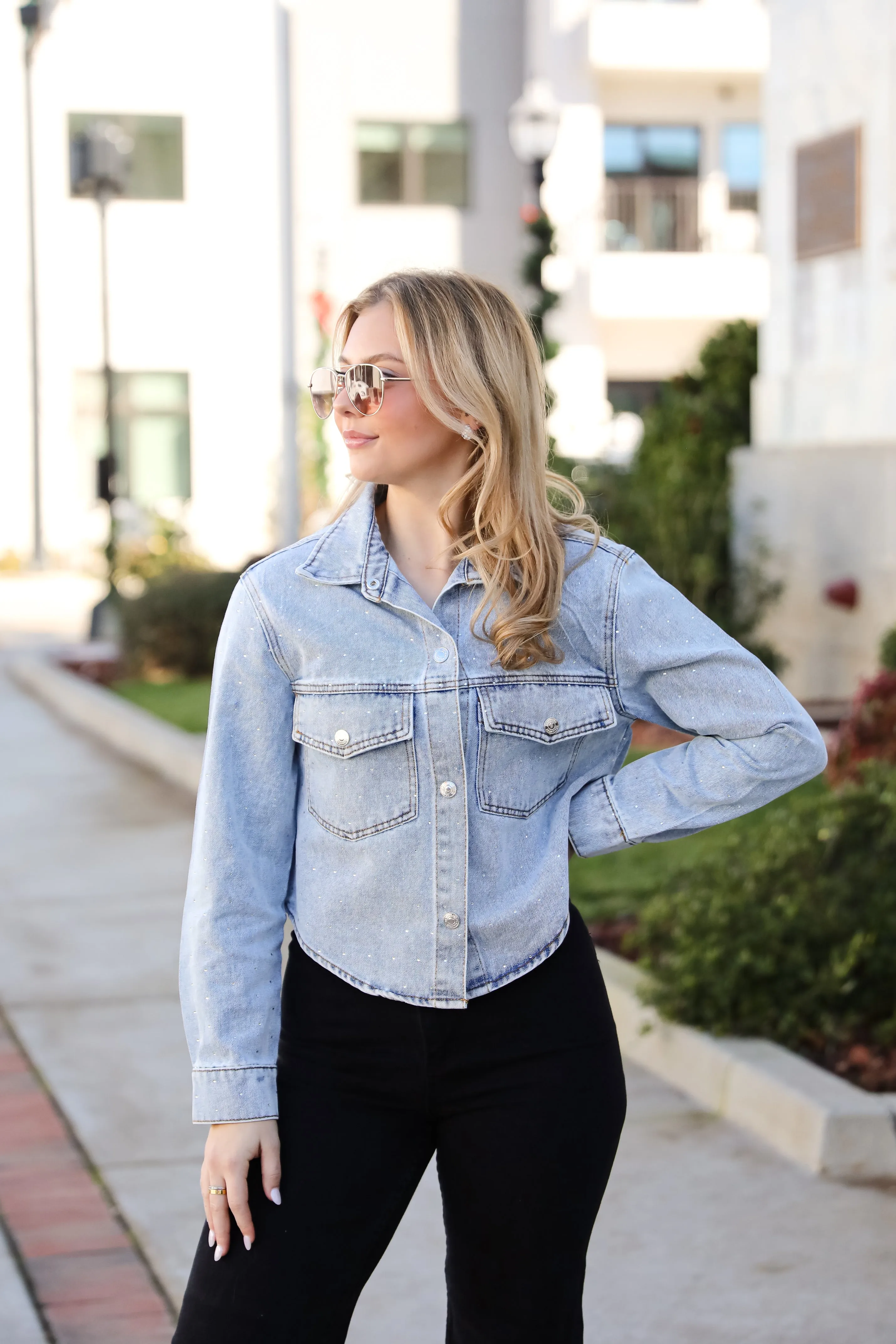 FINAL SALE - Beyond Glamorous Blue Rhinestone Cropped Denim Jacket