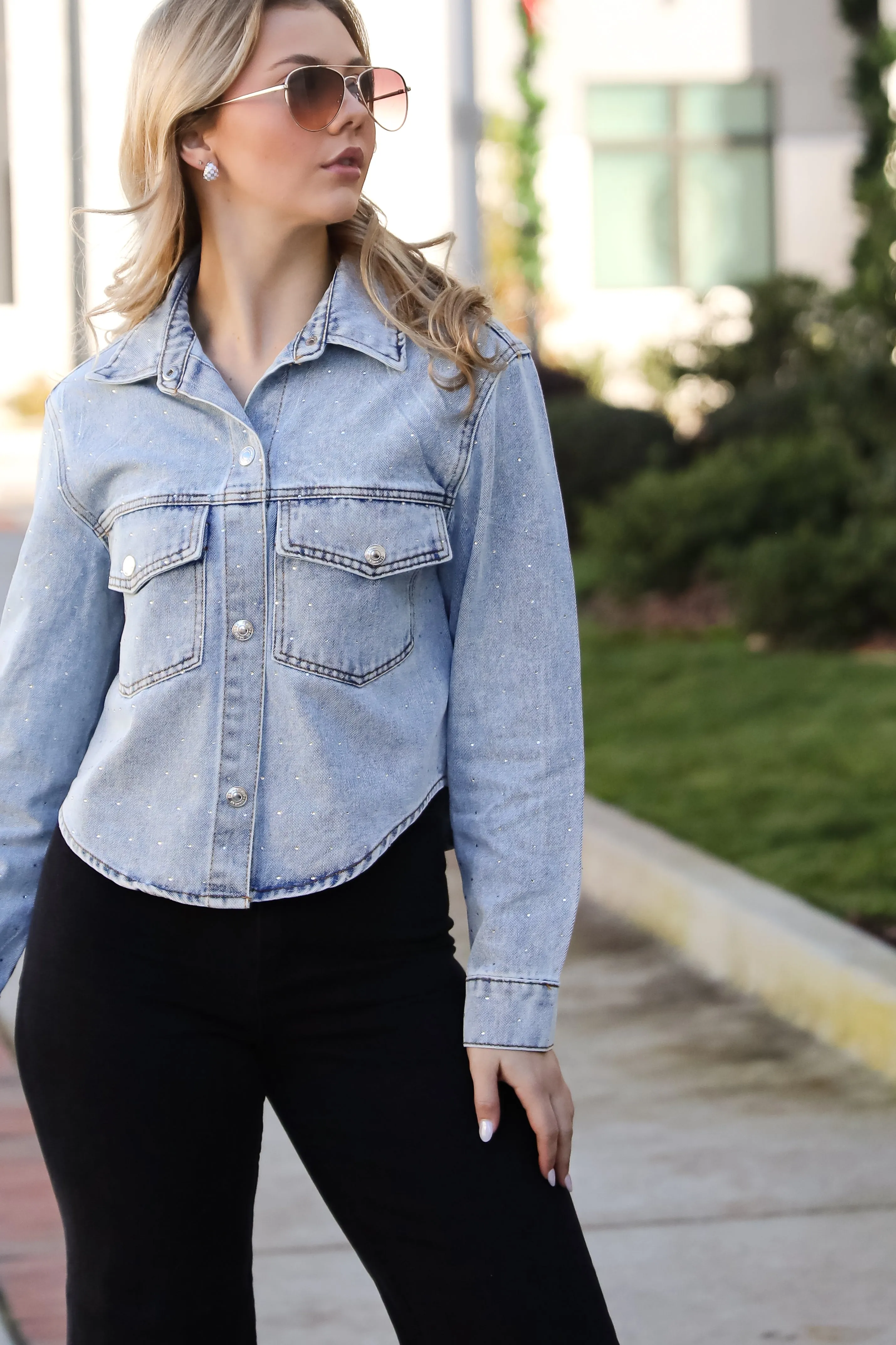 FINAL SALE - Beyond Glamorous Blue Rhinestone Cropped Denim Jacket