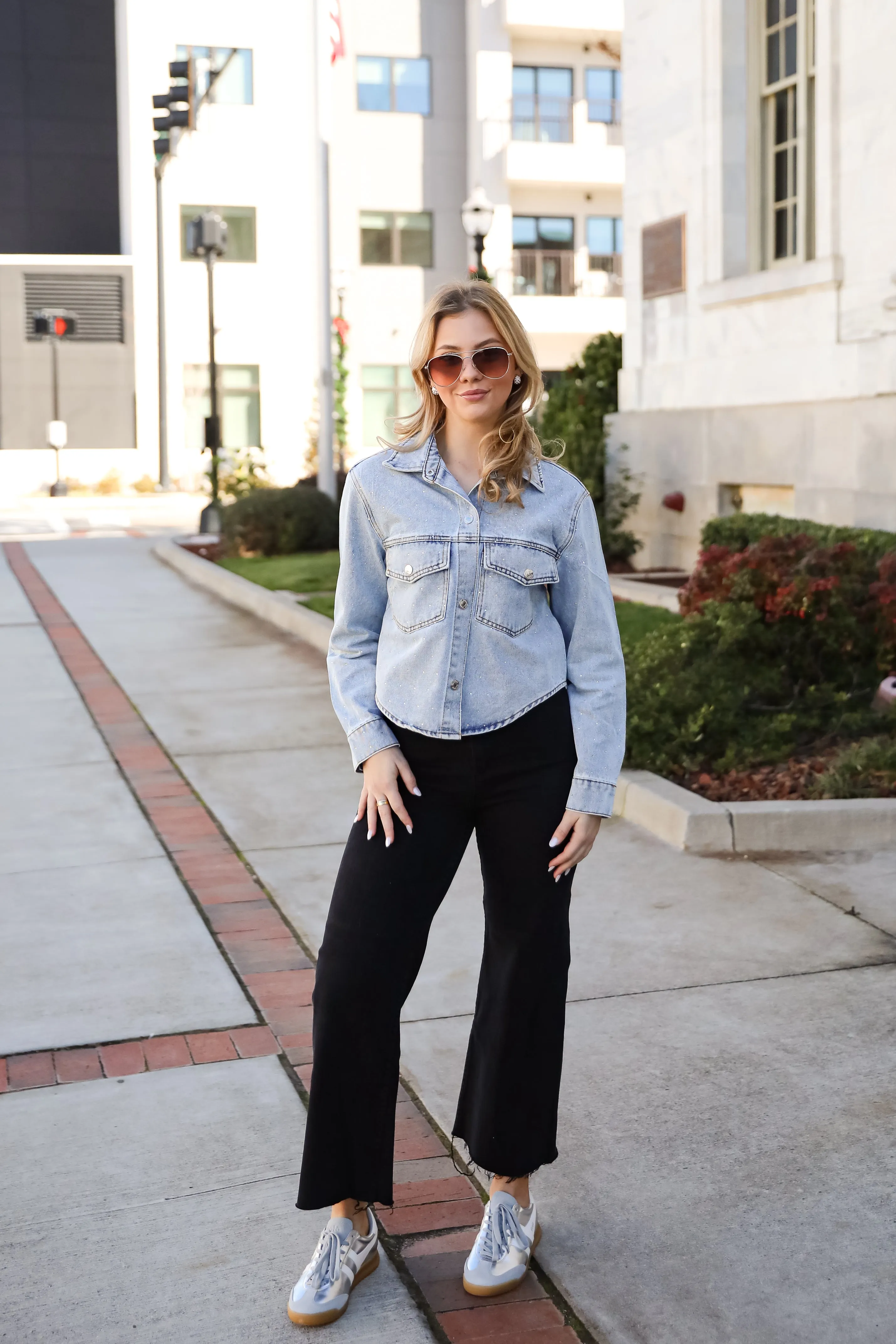 FINAL SALE - Beyond Glamorous Blue Rhinestone Cropped Denim Jacket