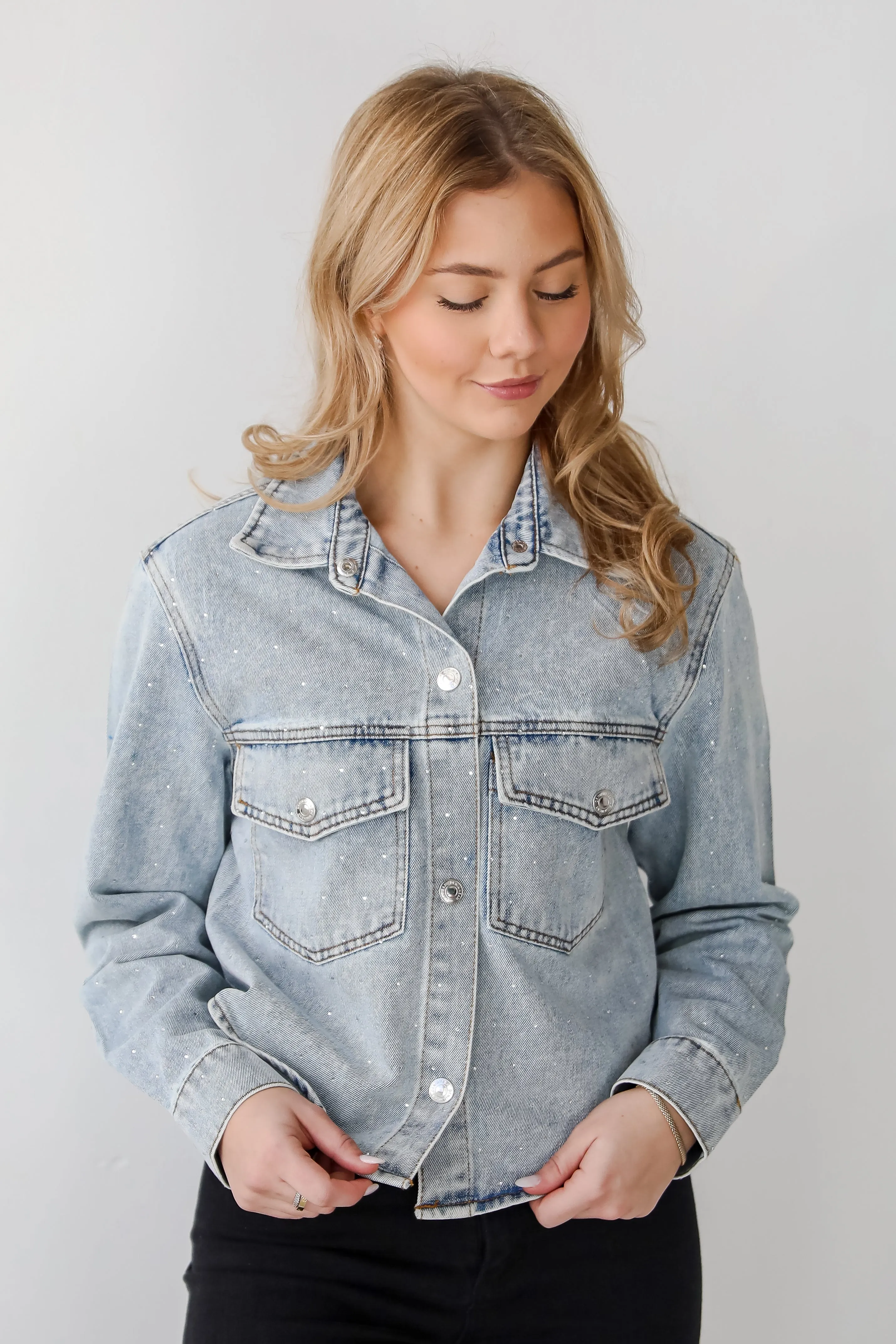 FINAL SALE - Beyond Glamorous Blue Rhinestone Cropped Denim Jacket