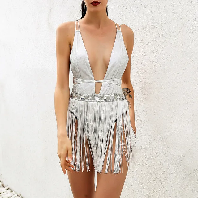 Fringe tassel detail deep v bodysuit set