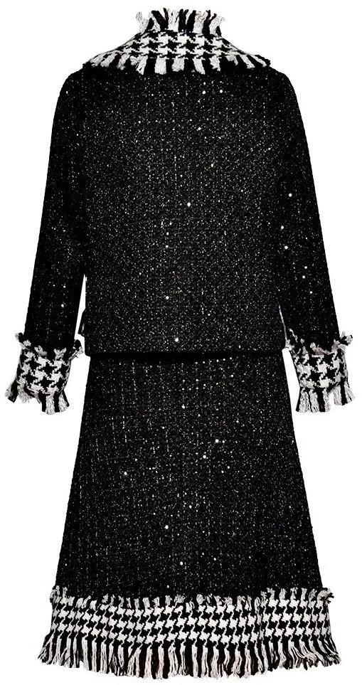 Fringed Tweed Houndstooth Paneled Jacket and Skirt Set