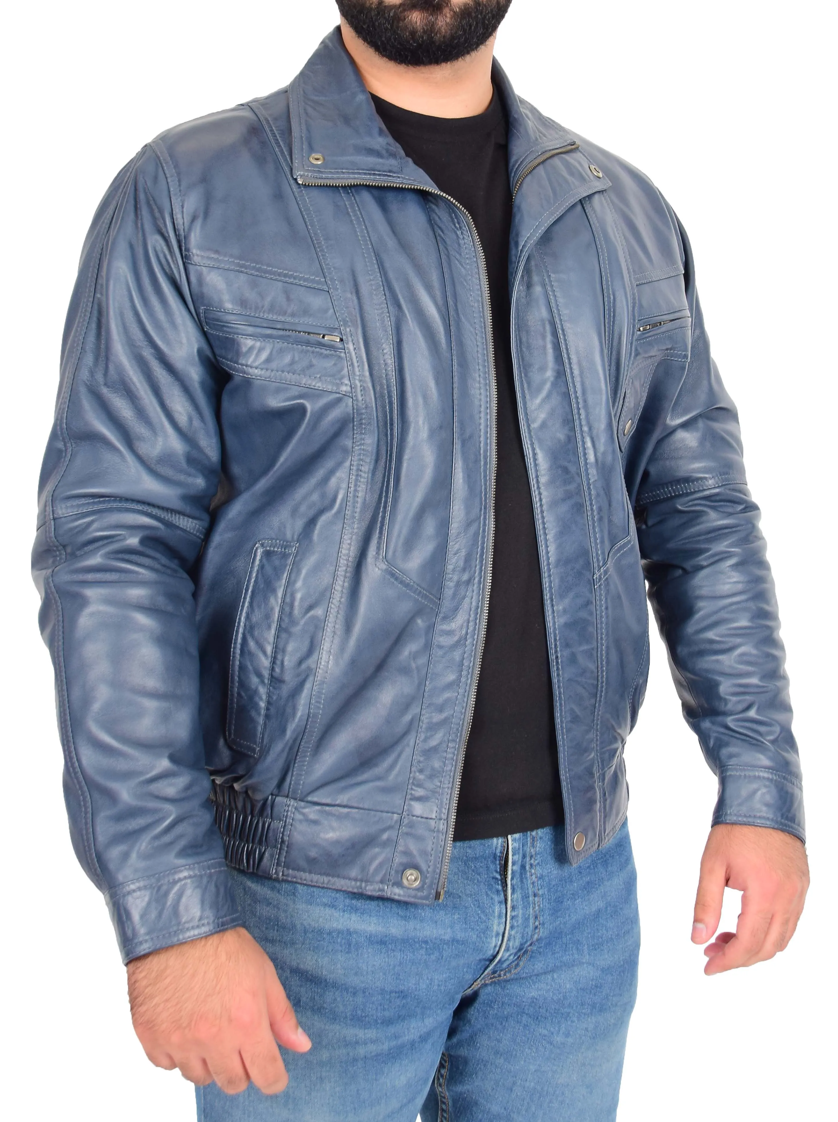 Gents Leather Bomber Jacket Blue Classic Casual Style Blouson Alan