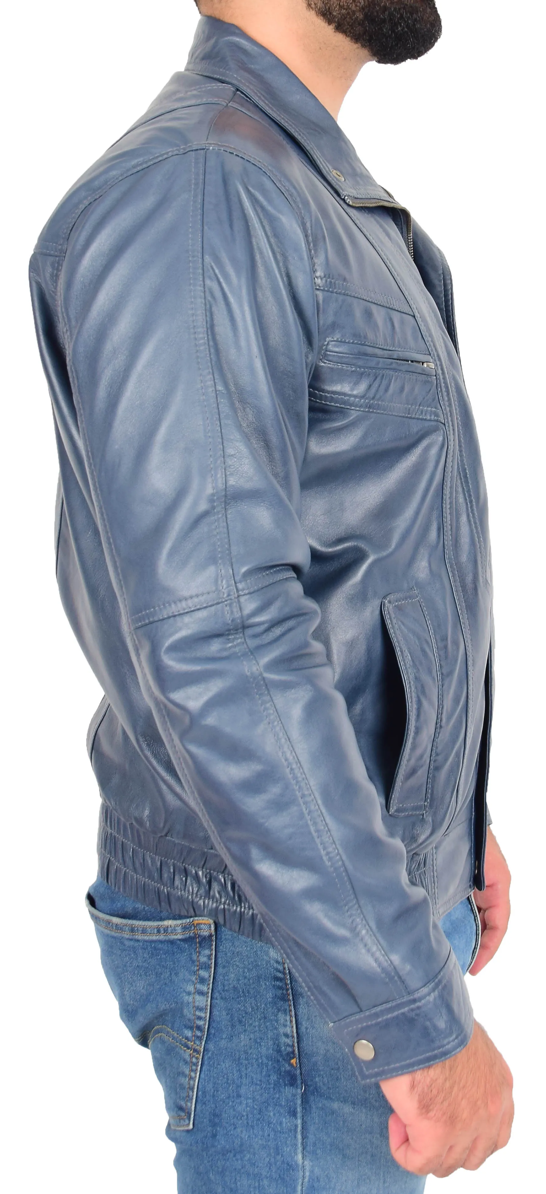 Gents Leather Bomber Jacket Blue Classic Casual Style Blouson Alan