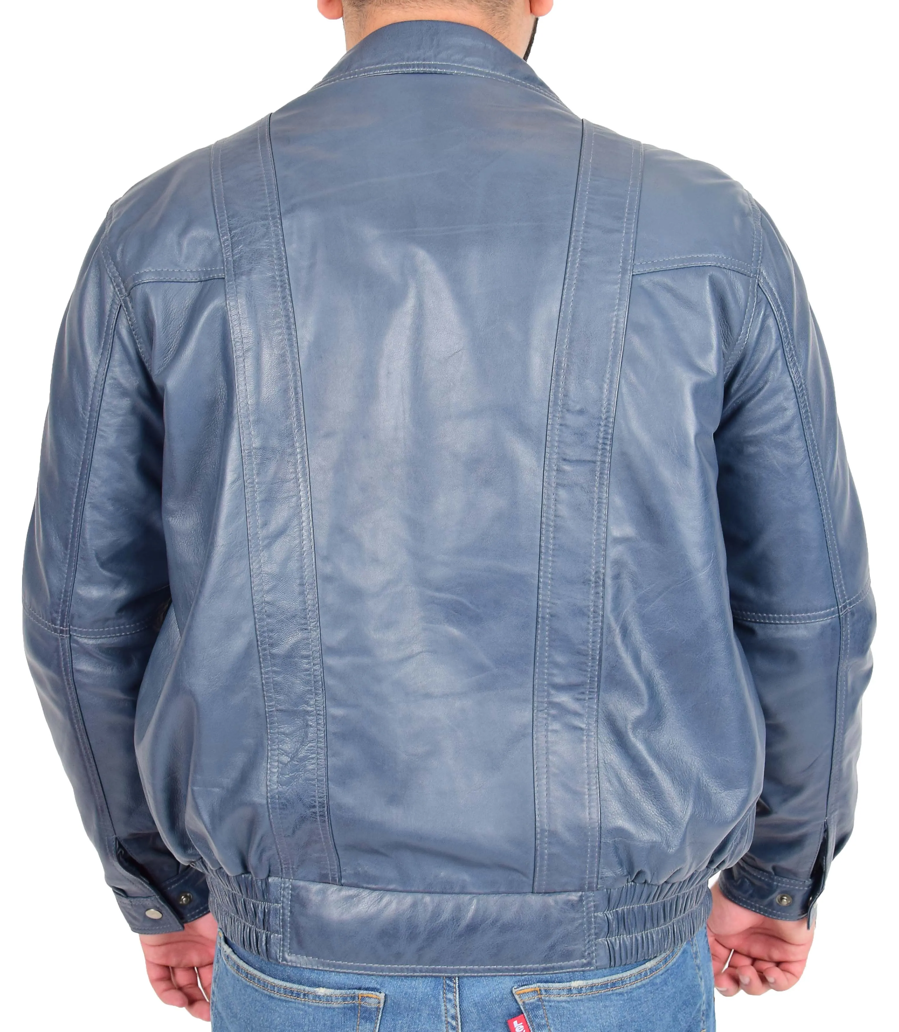 Gents Leather Bomber Jacket Blue Classic Casual Style Blouson Alan