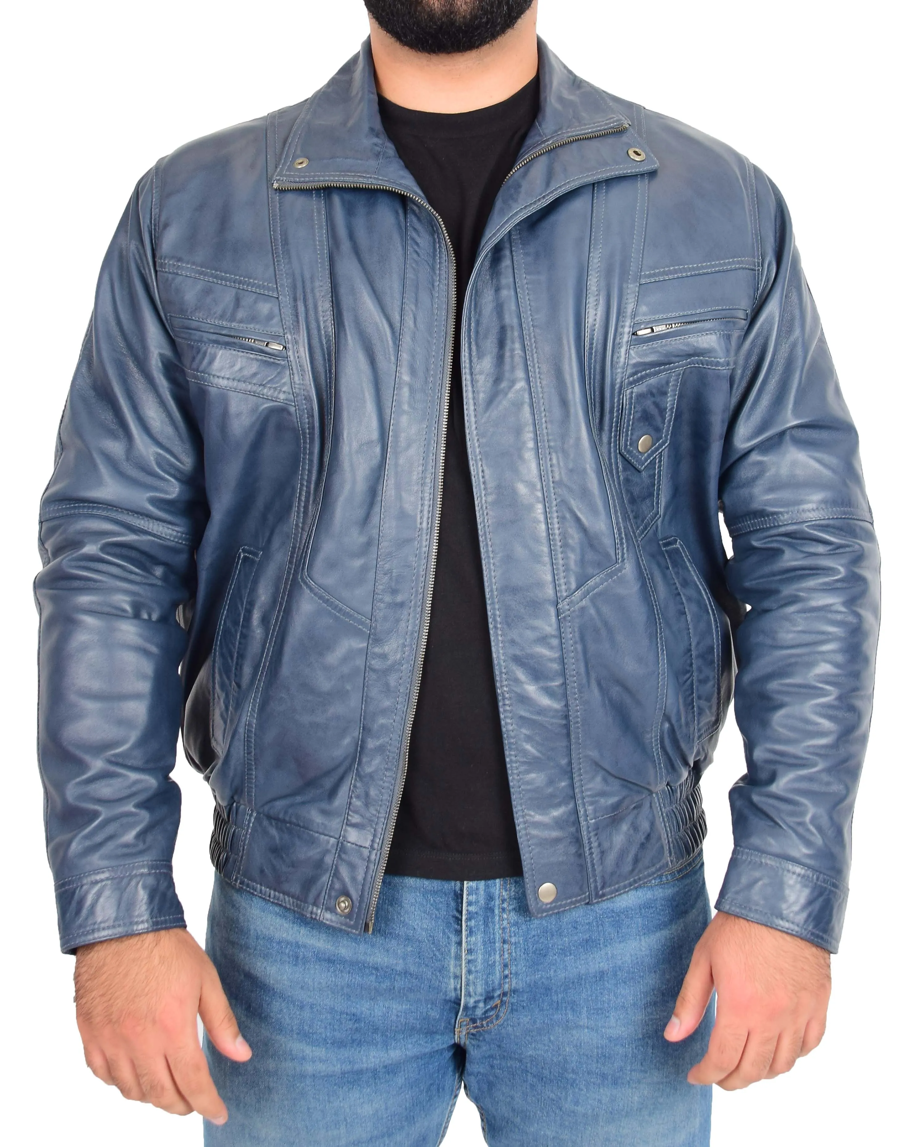 Gents Leather Bomber Jacket Blue Classic Casual Style Blouson Alan