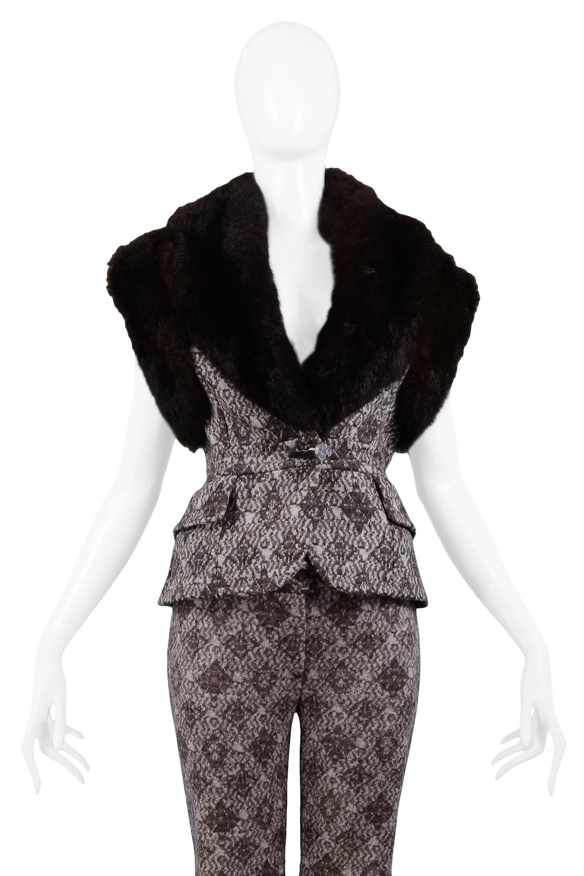 GIANFRANCO FERRE BROWN FUR PRINTED VEST & PANTS ENSEMBLE 2006