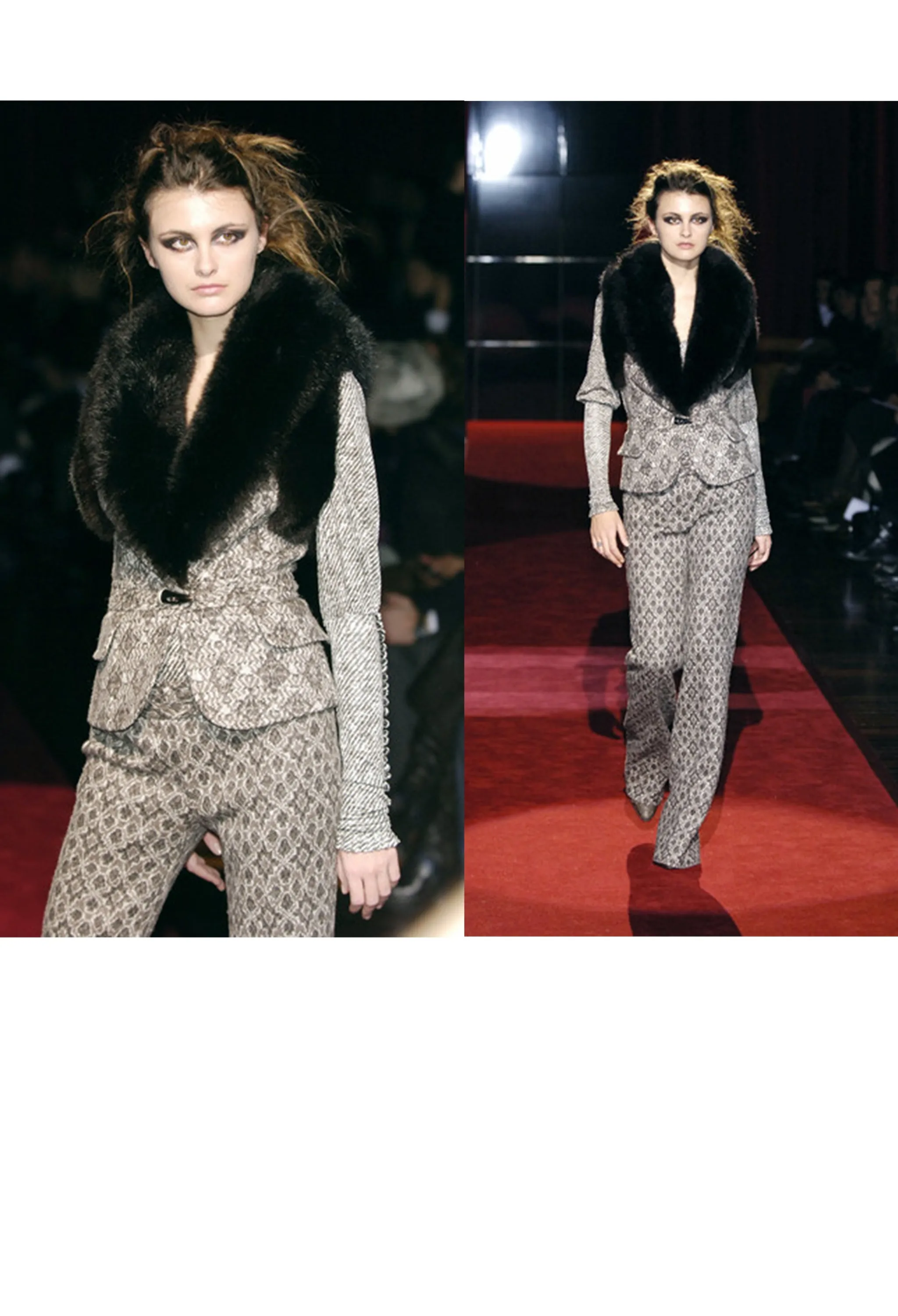 GIANFRANCO FERRE BROWN FUR PRINTED VEST & PANTS ENSEMBLE 2006