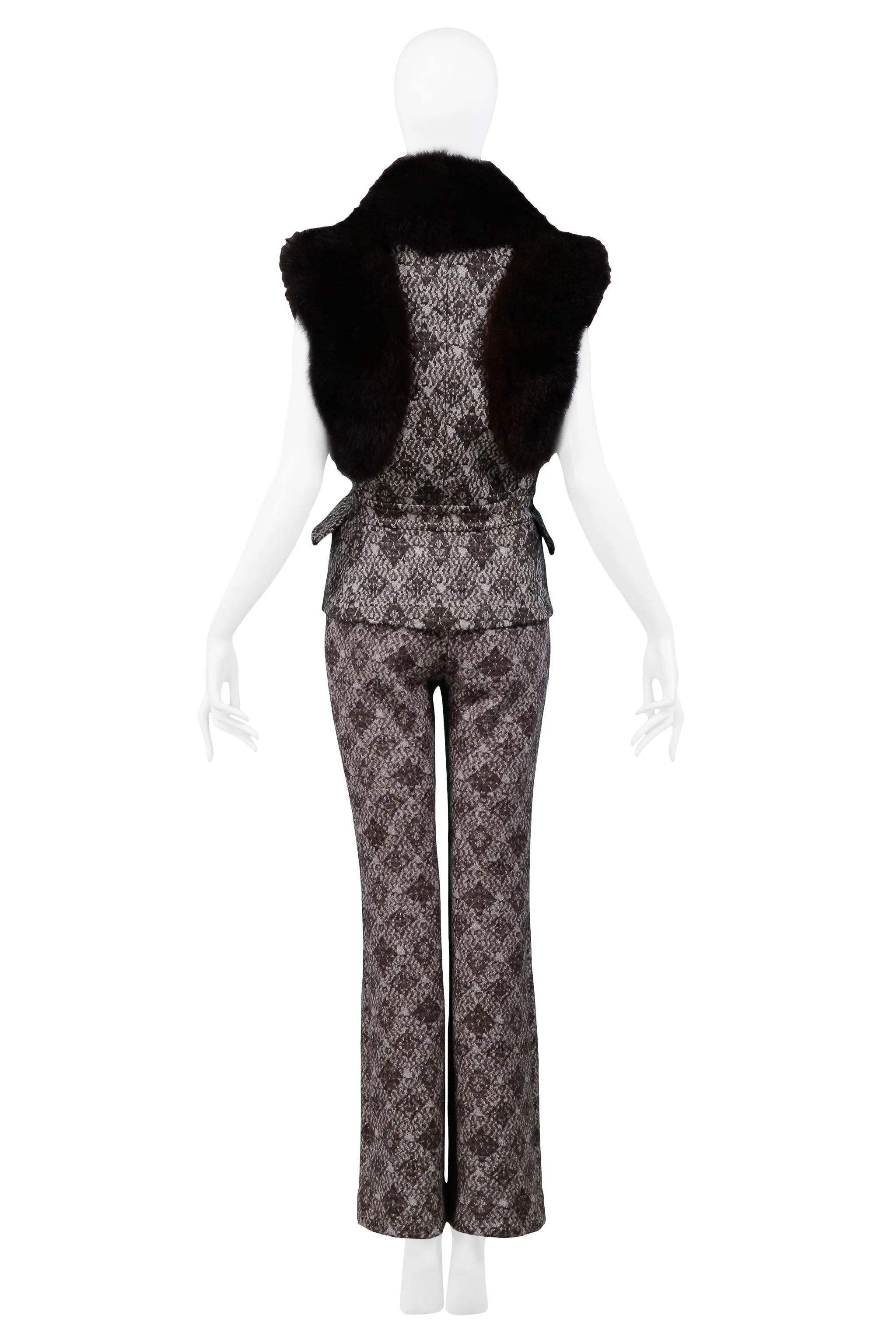 GIANFRANCO FERRE BROWN FUR PRINTED VEST & PANTS ENSEMBLE 2006