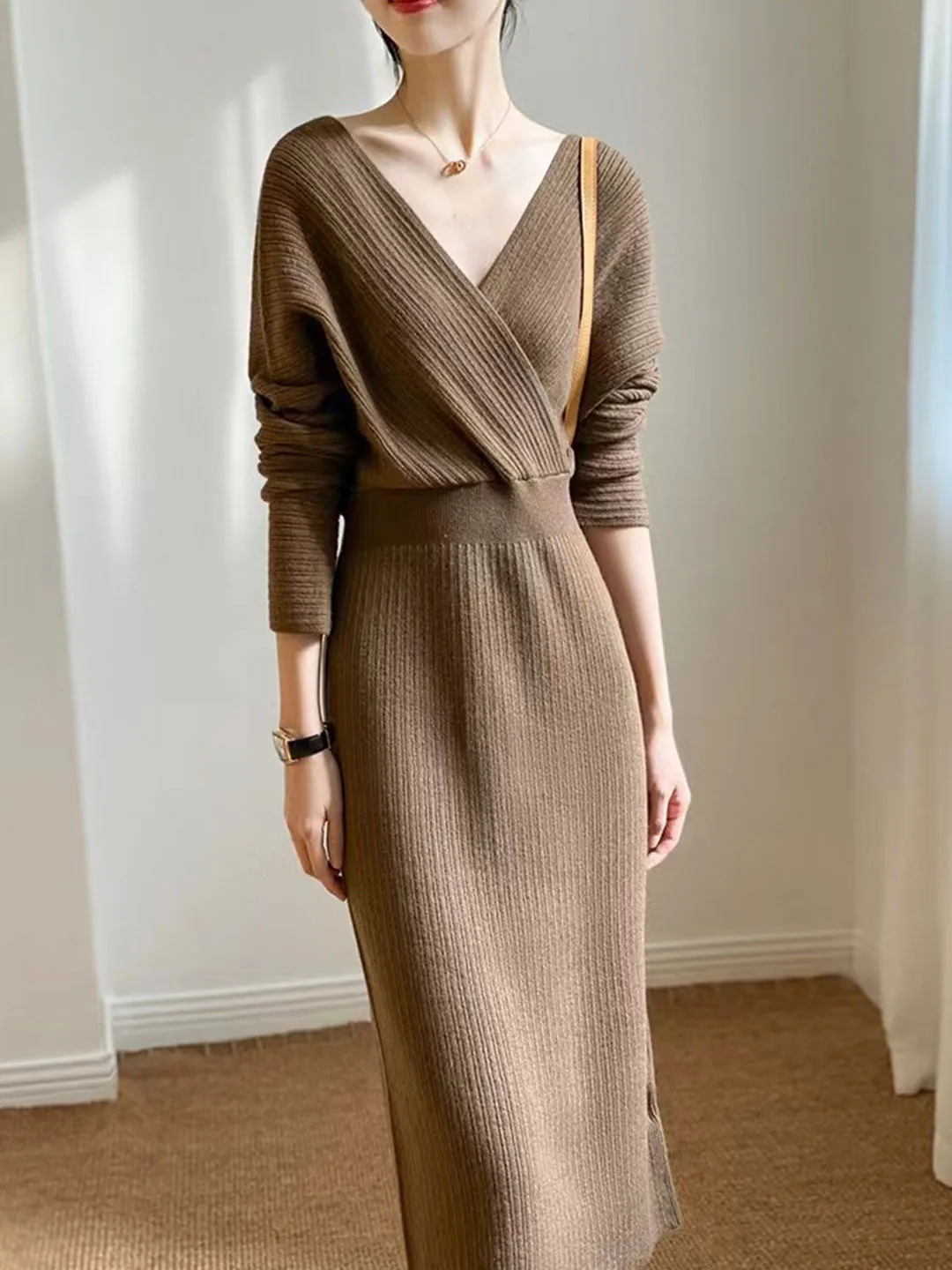 Grace Vintage V-neck Knitted Sweater Dress-Coffee