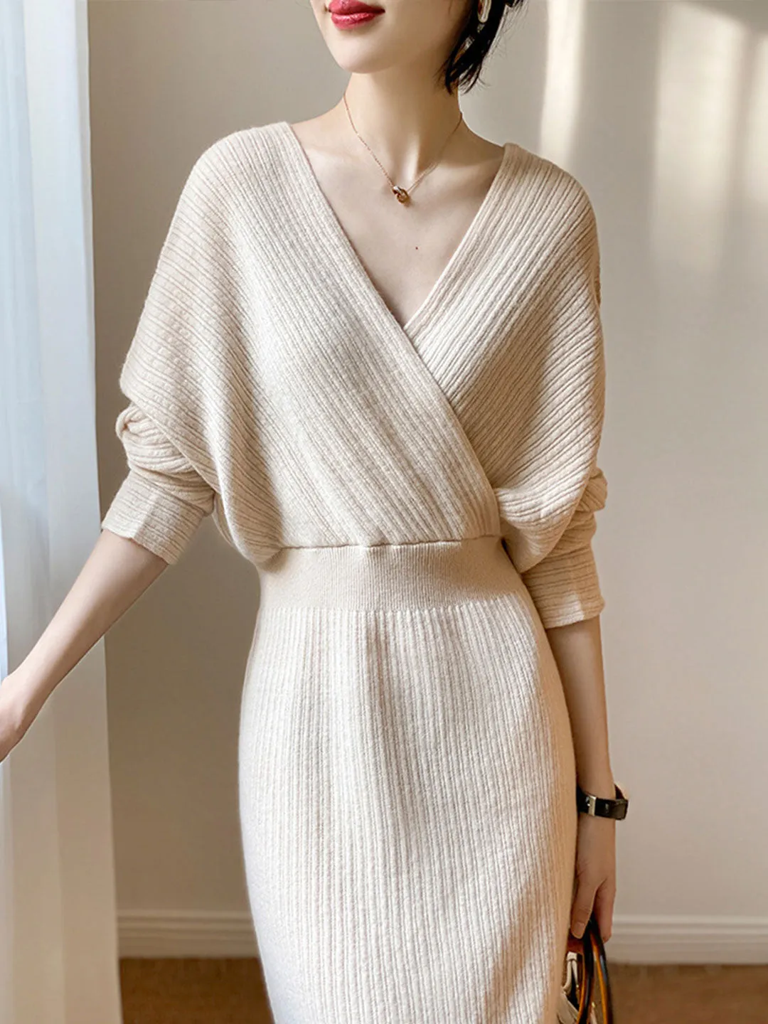 Grace Vintage V-neck Knitted Sweater Dress-Coffee