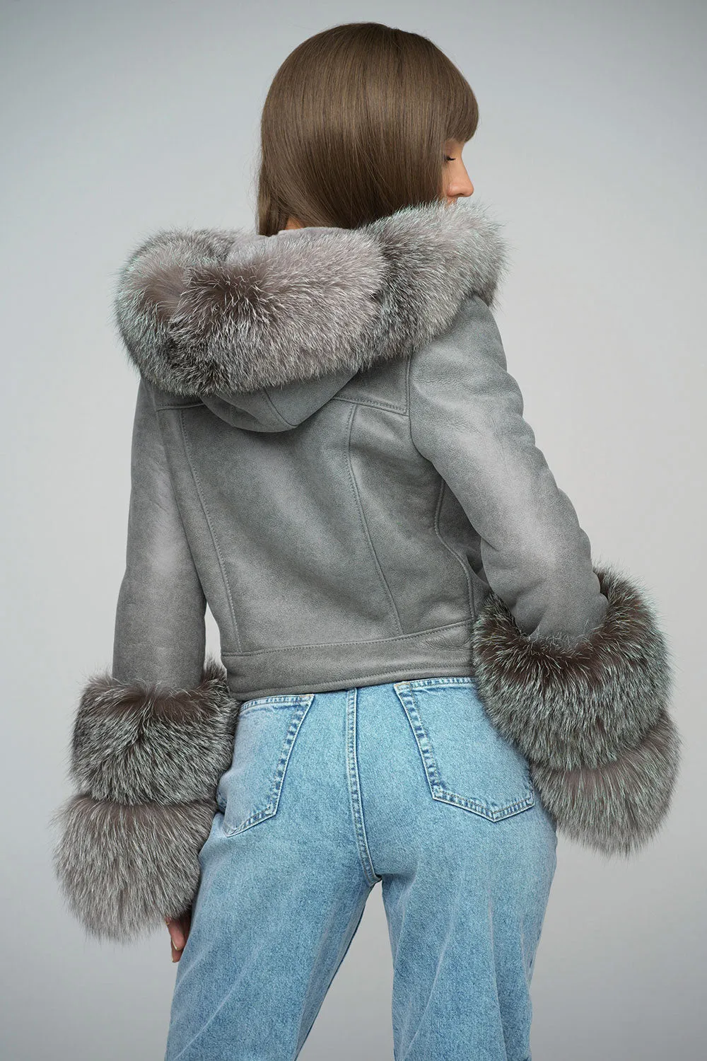 Gray Merino Leather Jacket with Fox Fur Collar and Cuffs