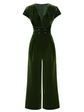 Green 1930s Buttoned V-Neck Velvet Jumpsuit