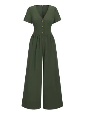 Green 1940s V-Neck Solid Jumpsuit