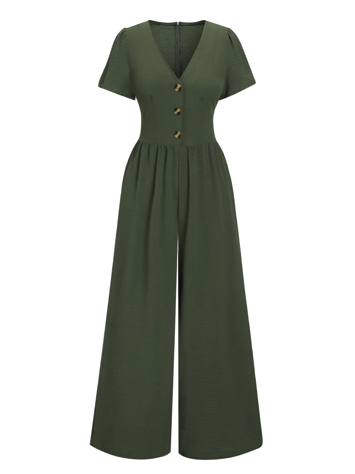 Green 1940s V-Neck Solid Jumpsuit