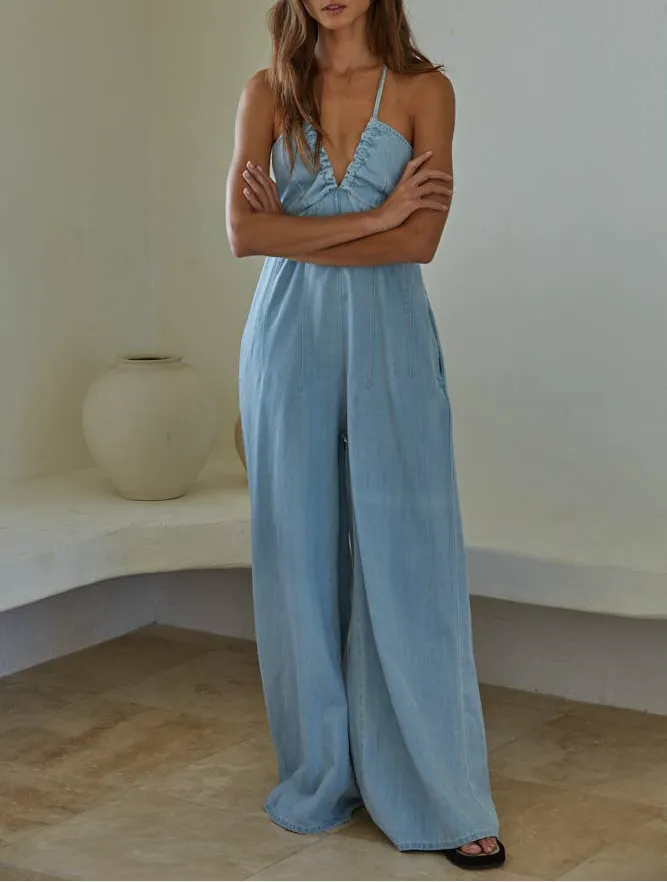 Gwen Denim V-Neck Wide Leg Jumpsuit: Light Blue LAST ONE! By Together