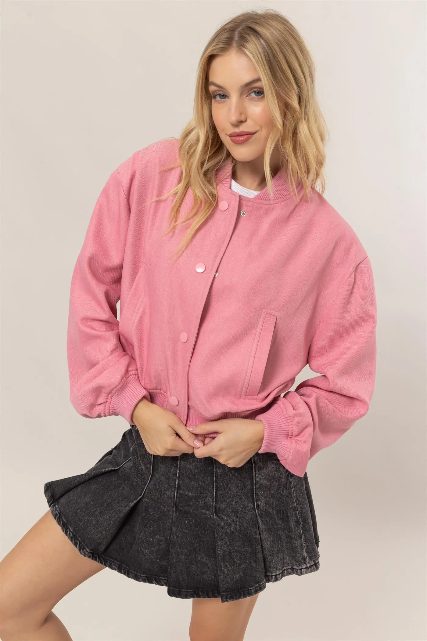 HF25A768-BUTTON-UP BOMBER JACKET WITH RIBBED CUFFS