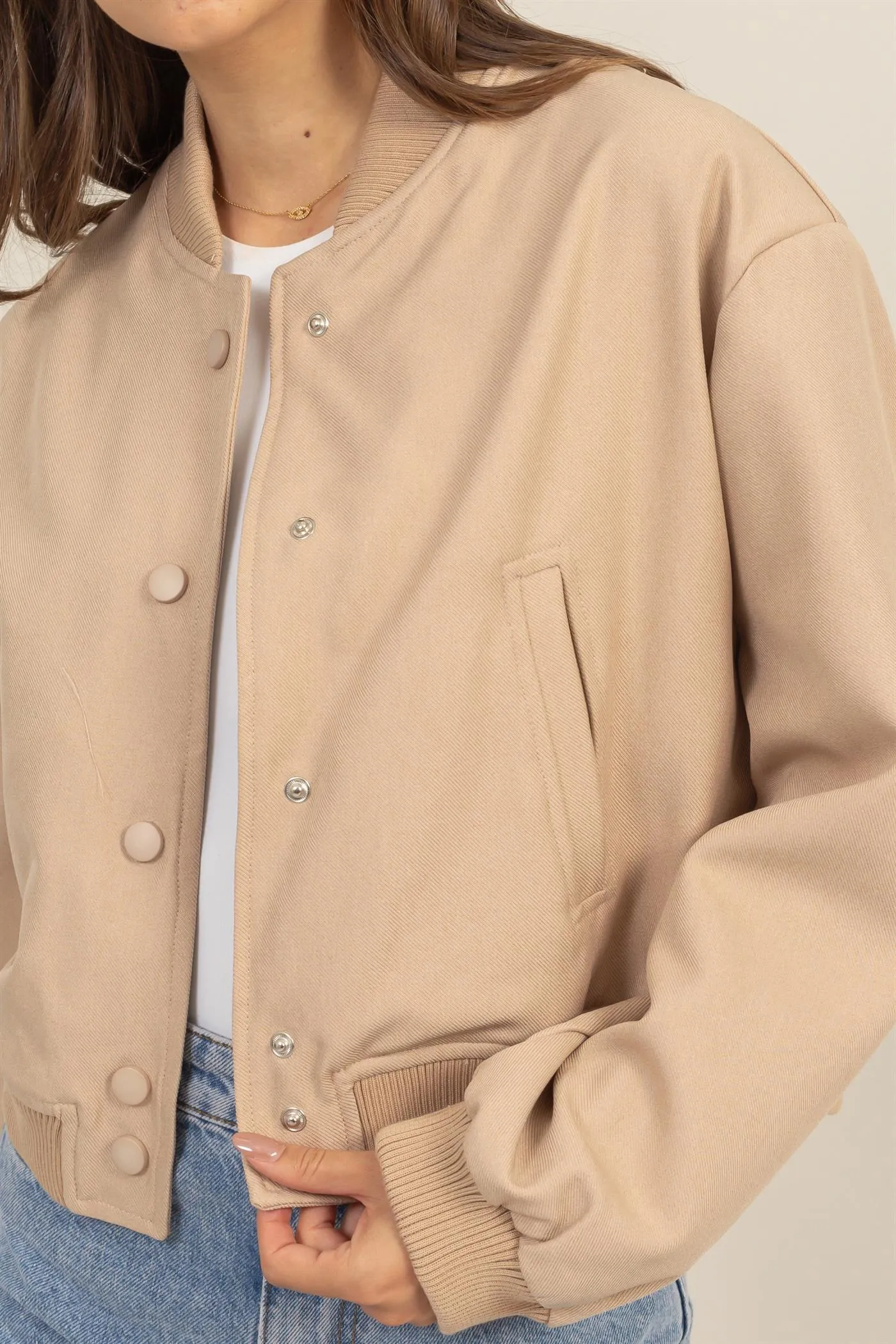 HF25A768-BUTTON-UP BOMBER JACKET WITH RIBBED CUFFS