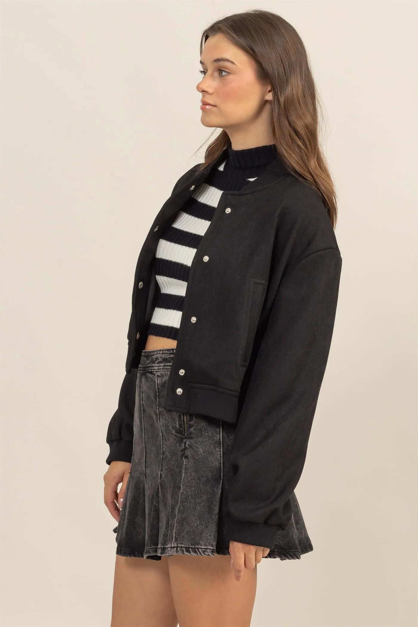 HF25A768-BUTTON-UP BOMBER JACKET WITH RIBBED CUFFS