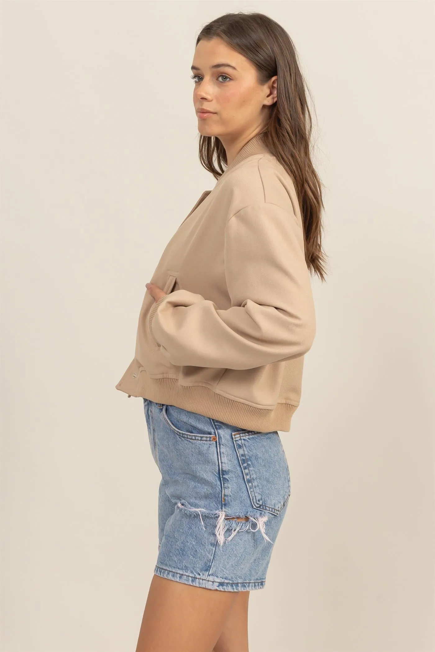 HF25A768-BUTTON-UP BOMBER JACKET WITH RIBBED CUFFS