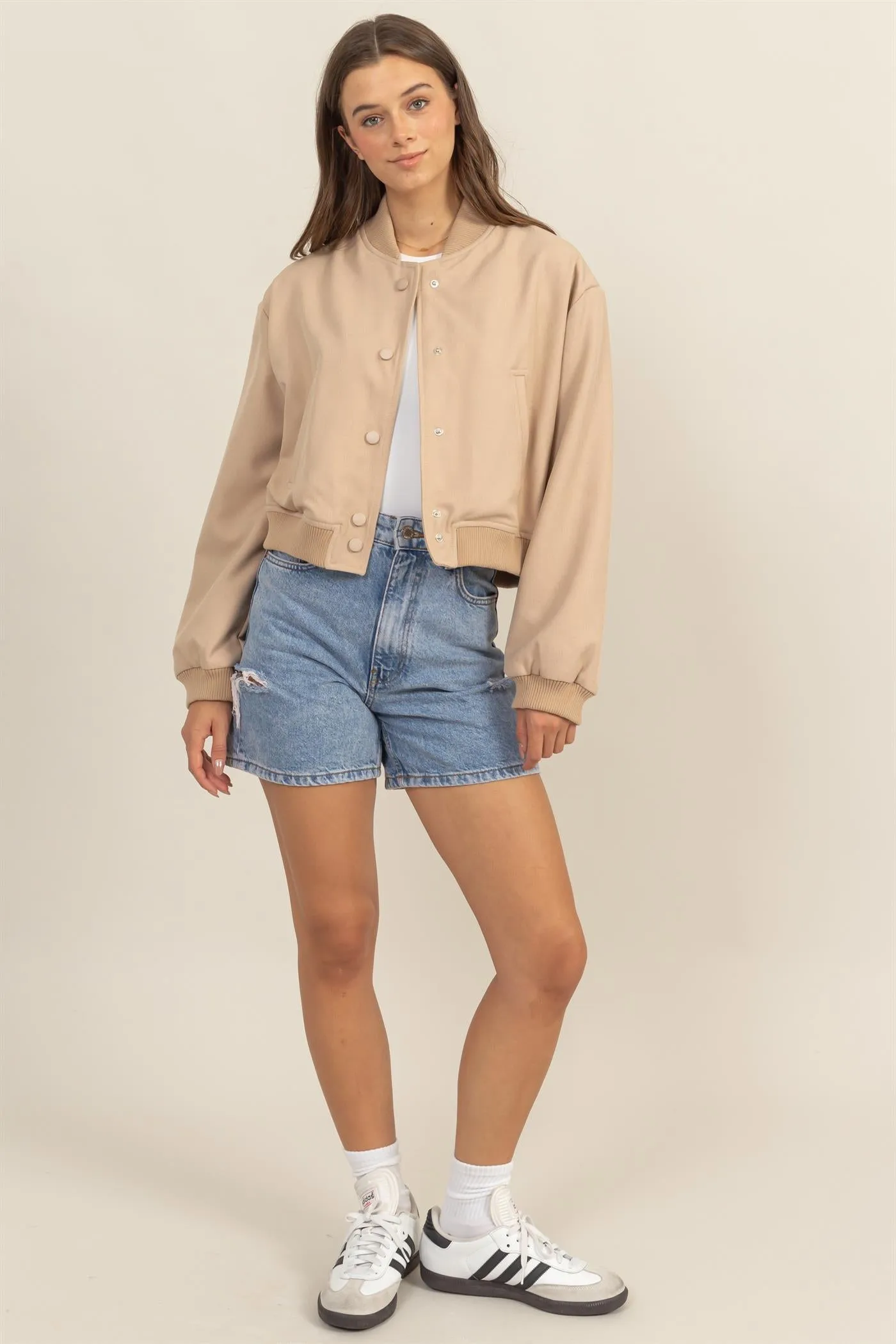 HF25A768-BUTTON-UP BOMBER JACKET WITH RIBBED CUFFS