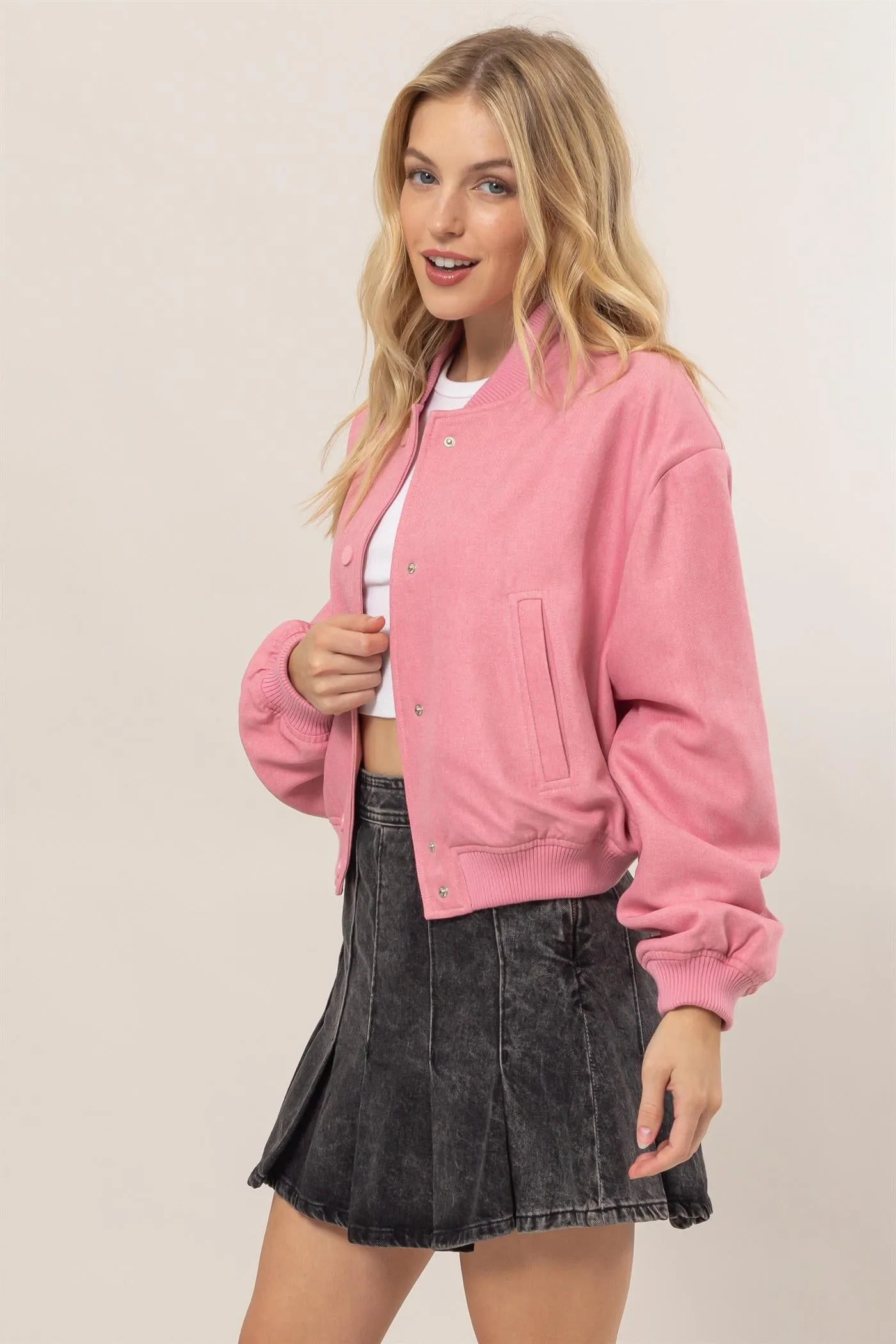 HF25A768-BUTTON-UP BOMBER JACKET WITH RIBBED CUFFS