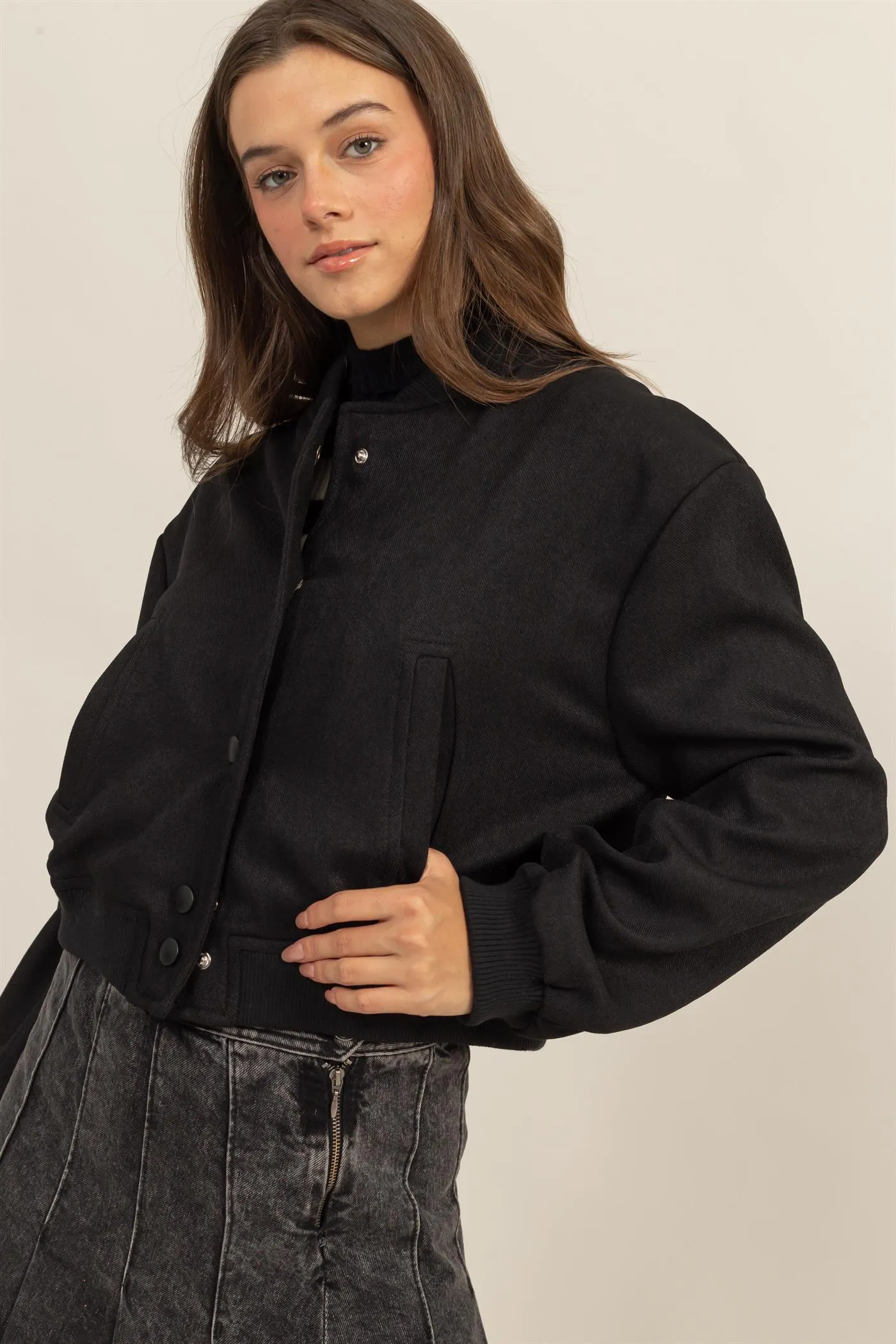 HF25A768-BUTTON-UP BOMBER JACKET WITH RIBBED CUFFS