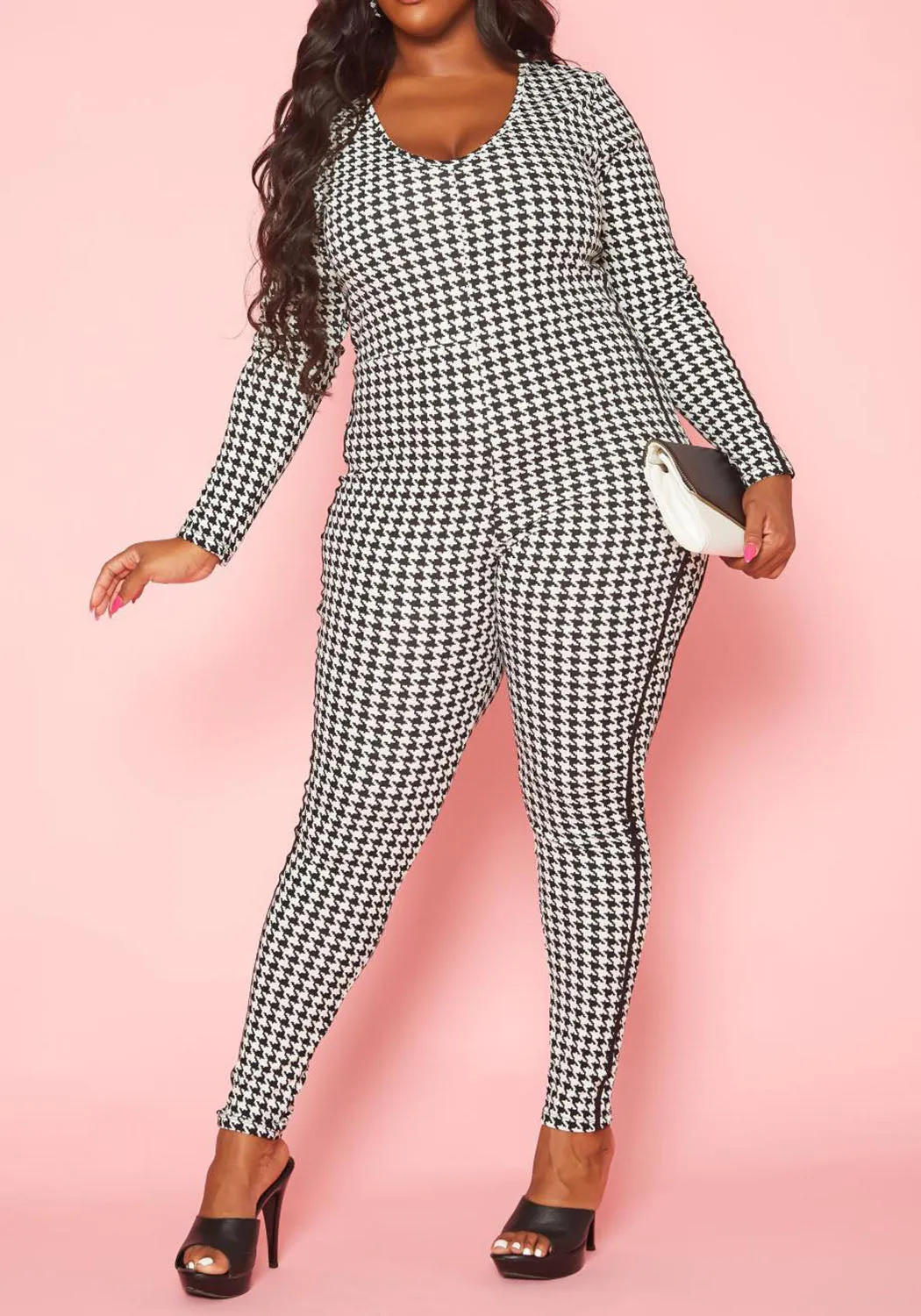 Hi Curvy Plus Size Women Hound tooth Plaid Jumpsuit