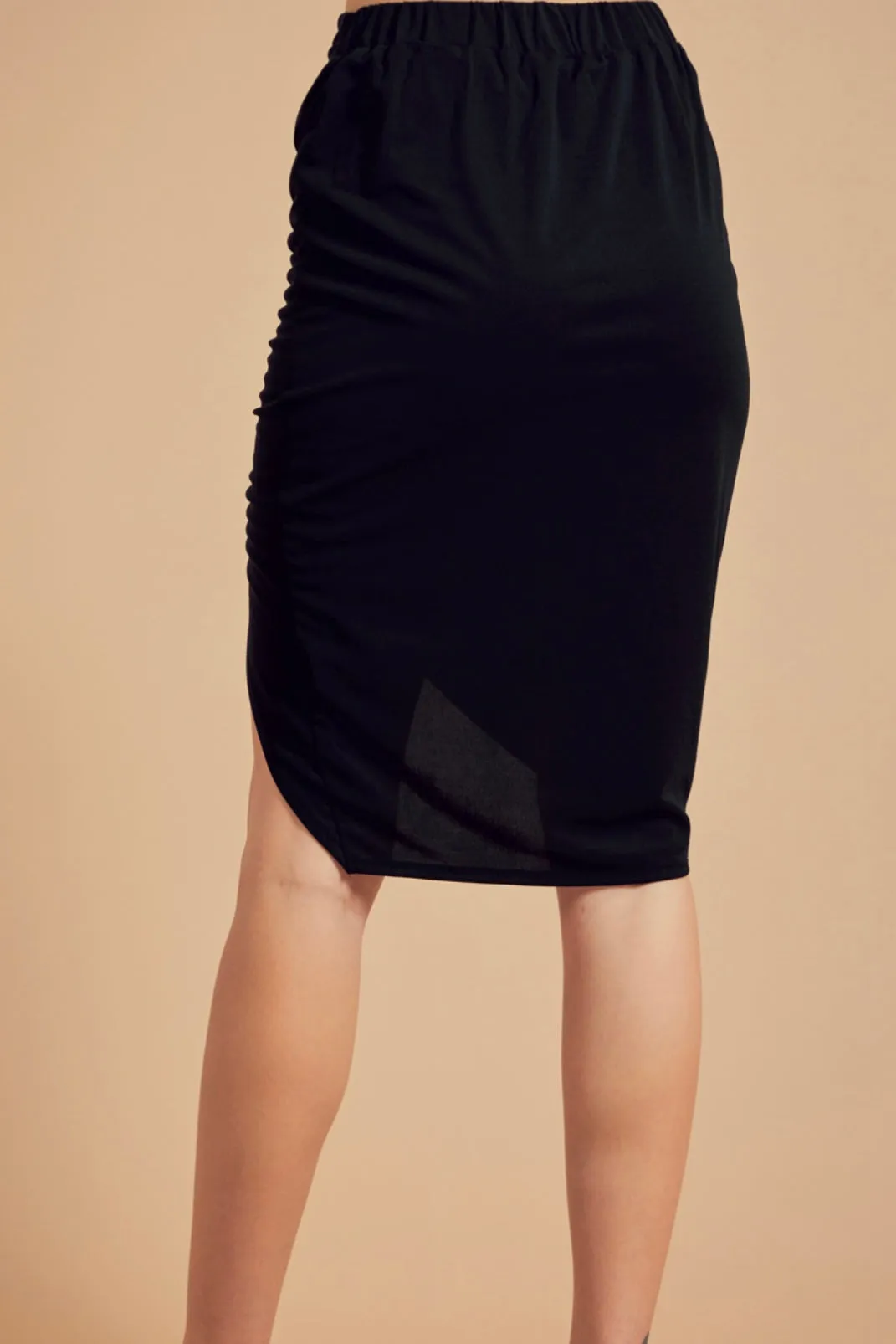 HIGH WAIST MIDI SKIRT WITH SIDE SHIRRING