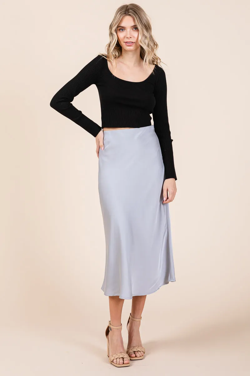 High Waist Satin A line Midi Skirt