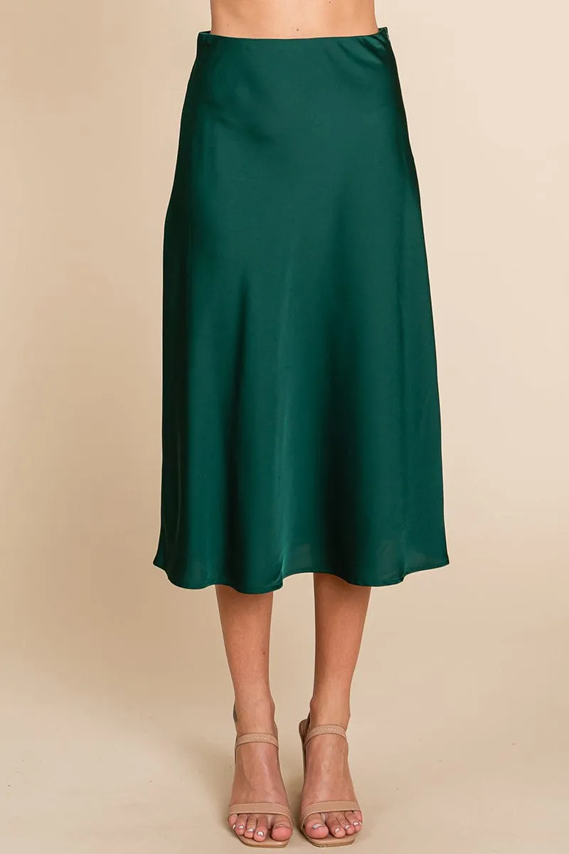 High Waist Satin A line Midi Skirt