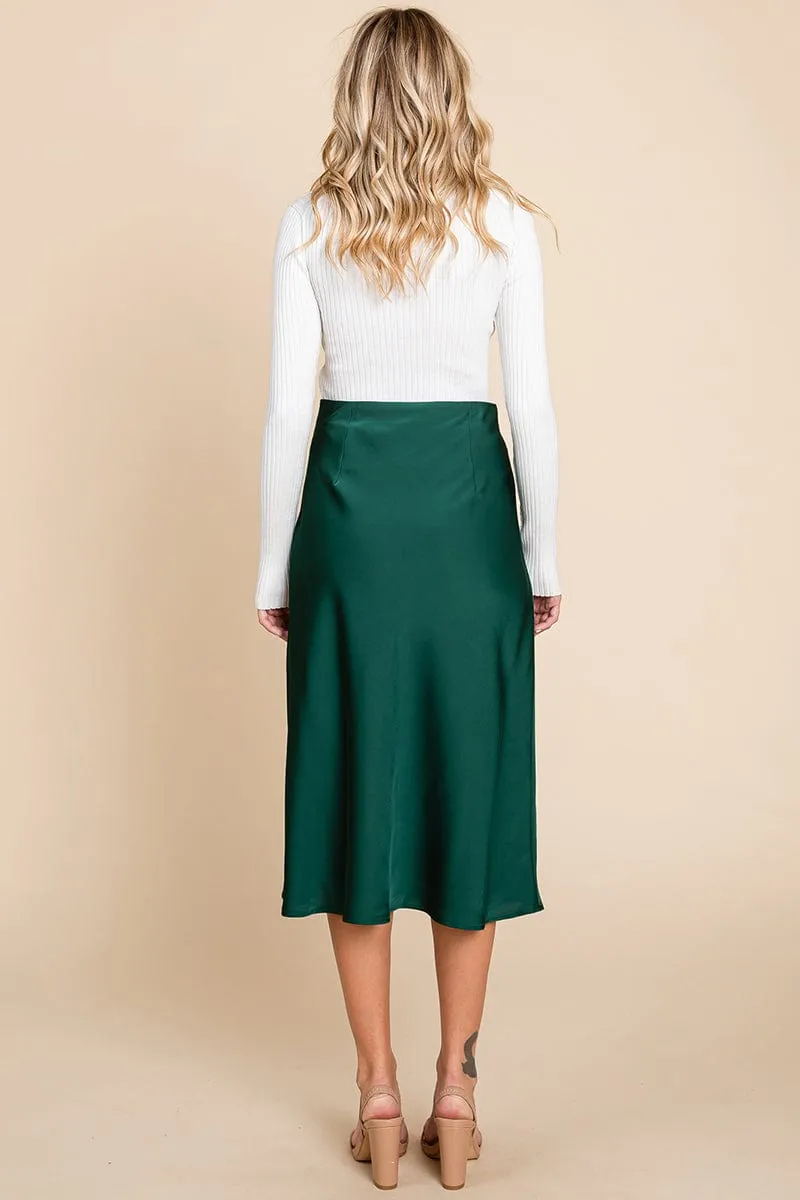 High Waist Satin A line Midi Skirt