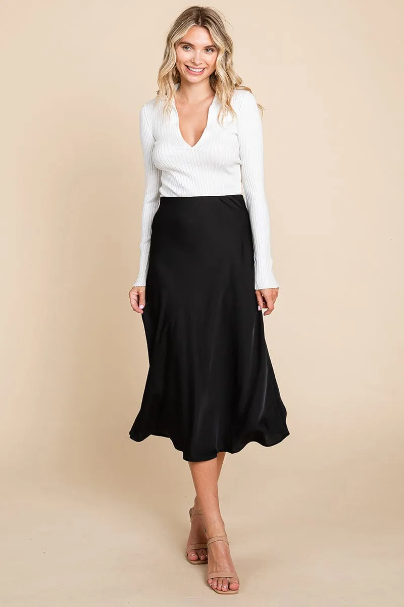 High Waist Satin A line Midi Skirt